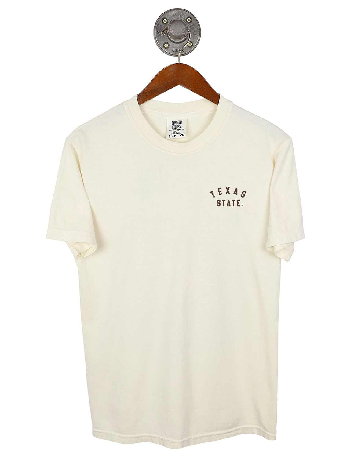 Ivory Texas State University unisex short-sleeve t-shirt that features a left chest design with brown lettering. 