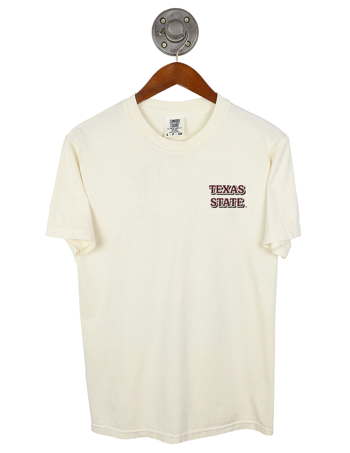 Ivory Texas State University unisex short-sleeve t-shirt that features a left chest design with maroon and black lettering. 