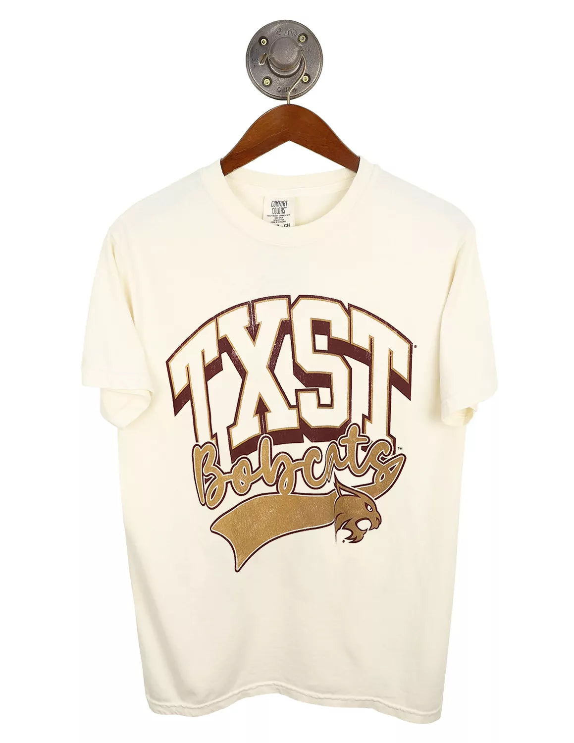 Ivory Texas State University Comfort Colors unisex t-shirt featuring a Bobcat logo and maroon and gold lettering. 