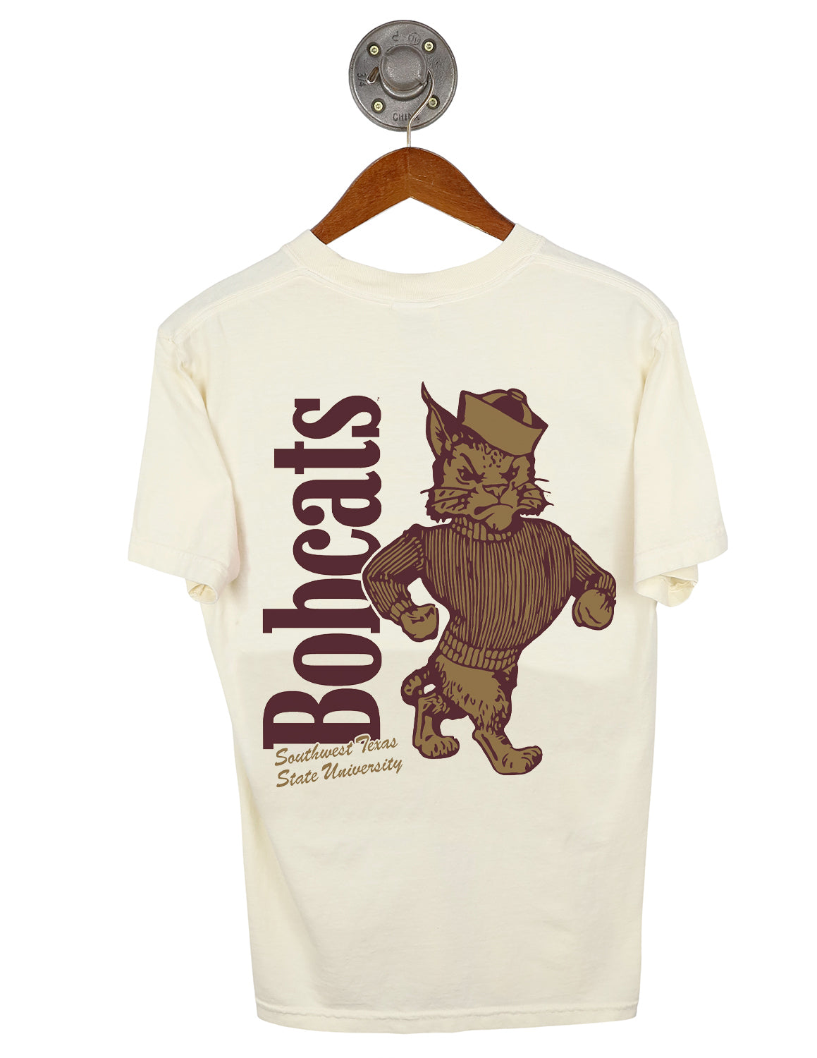 Ivory Texas State University Comfort Color unisex short-sleeve t-shirt with maroon lettering and a Bobcat logo. 