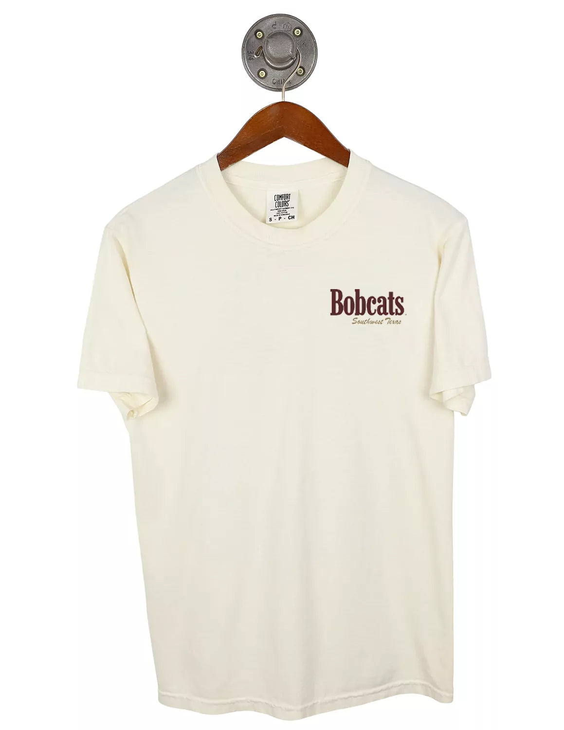 Ivory Texas State University Comfort Colors unisex short-sleeve t-shirt with maroon lettering on the left chest. 