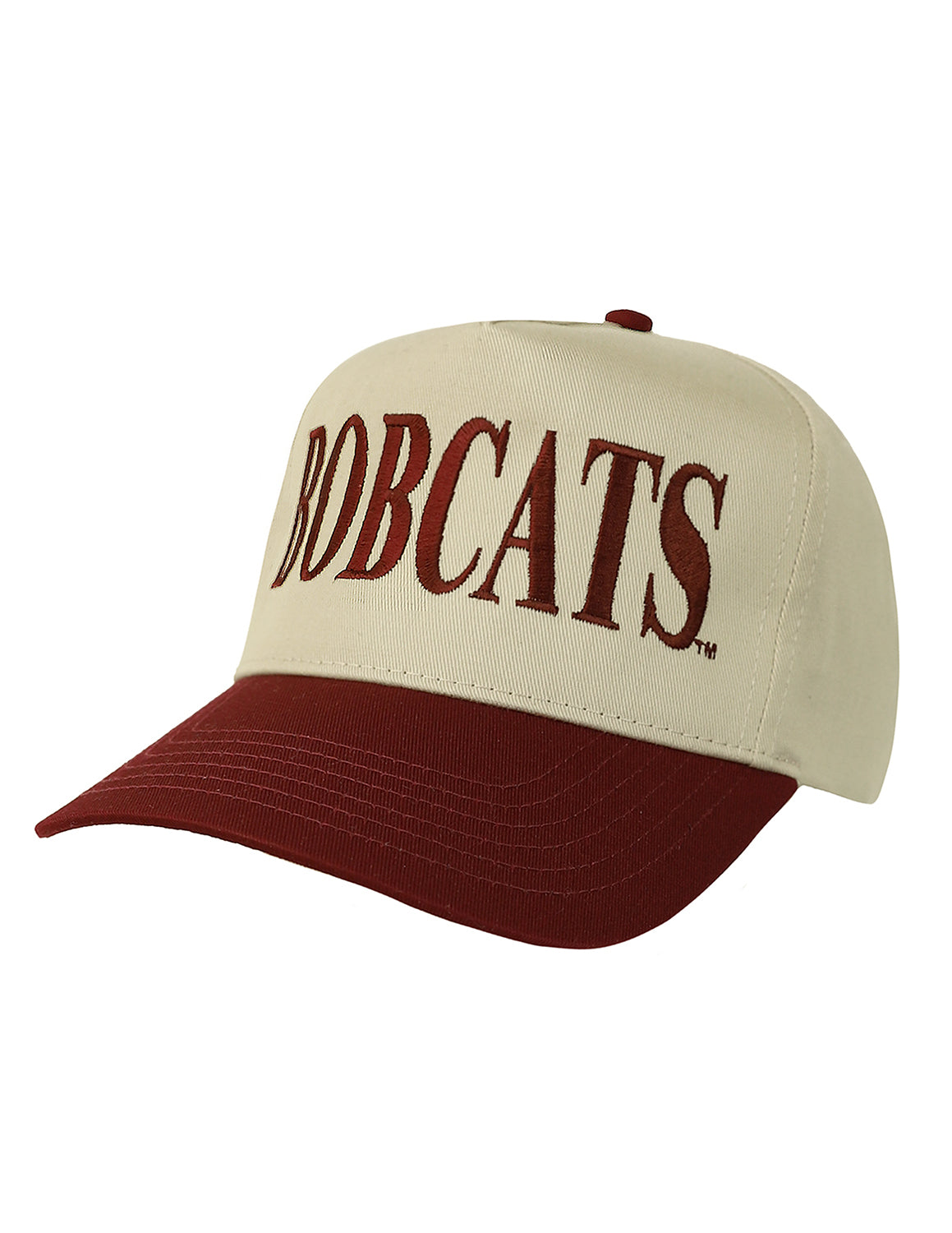 Khaki Texas State University unisex hat that features a maroon brim with maroon block embroidery lettering. 