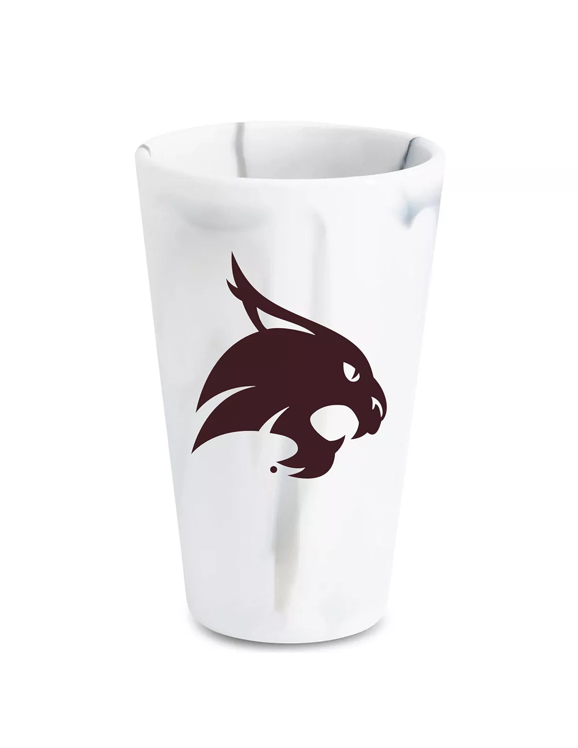 Marble Texas State University silicone pint glass that features a Bobcats logo. 