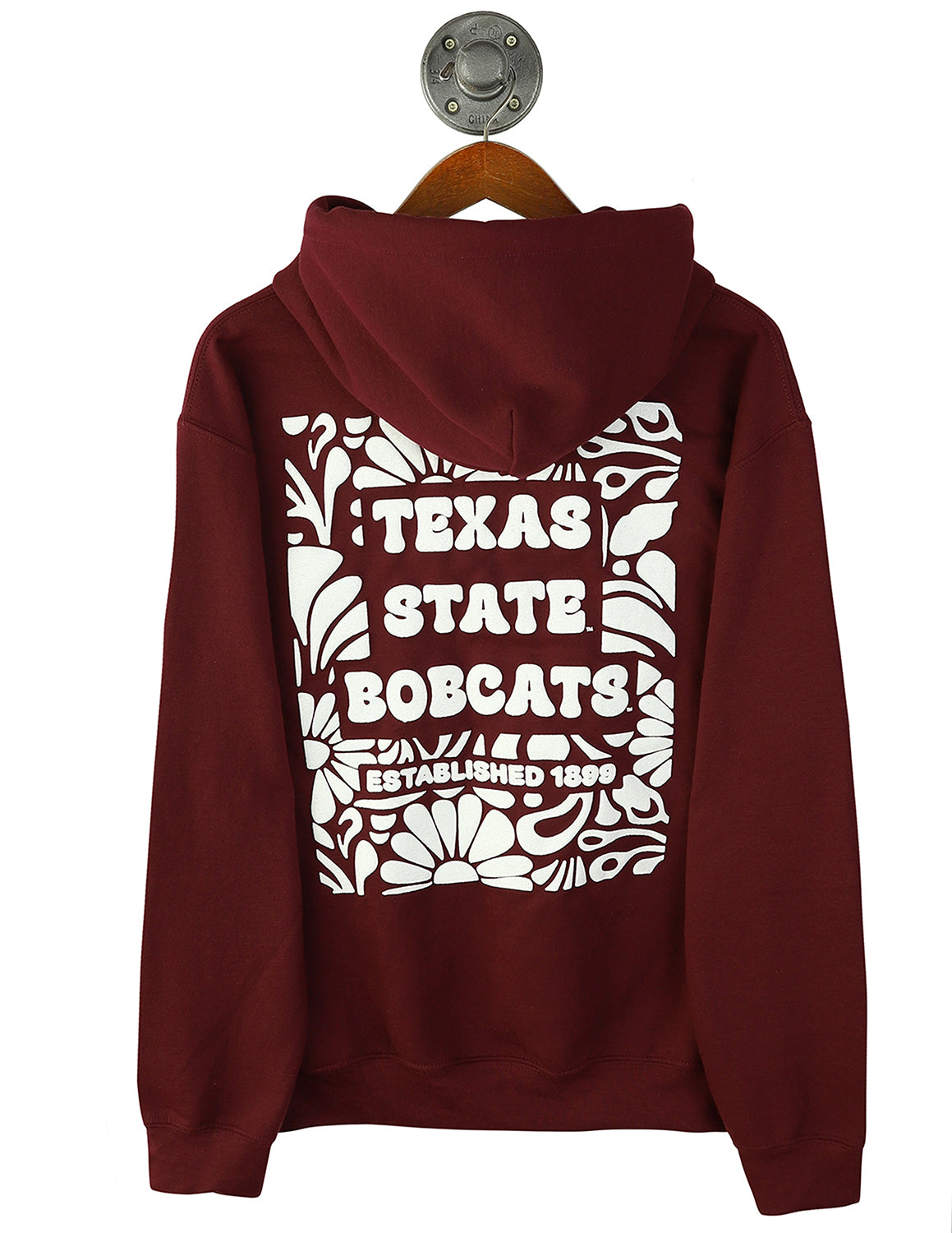 Back-view of maroon Texas State University unisex hoodie that features white "Texas State University" text with a white floral design surrounding it.