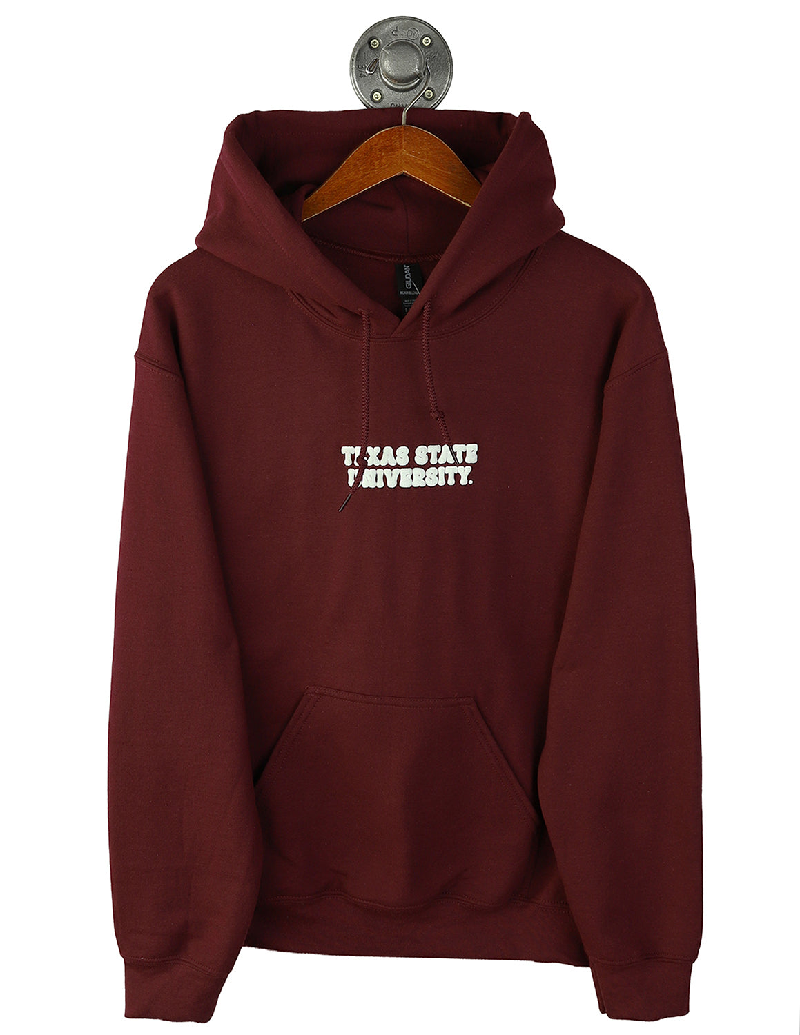 Maroon Texas State University unisex hoodie that features "Texas State University" white text in the center. 