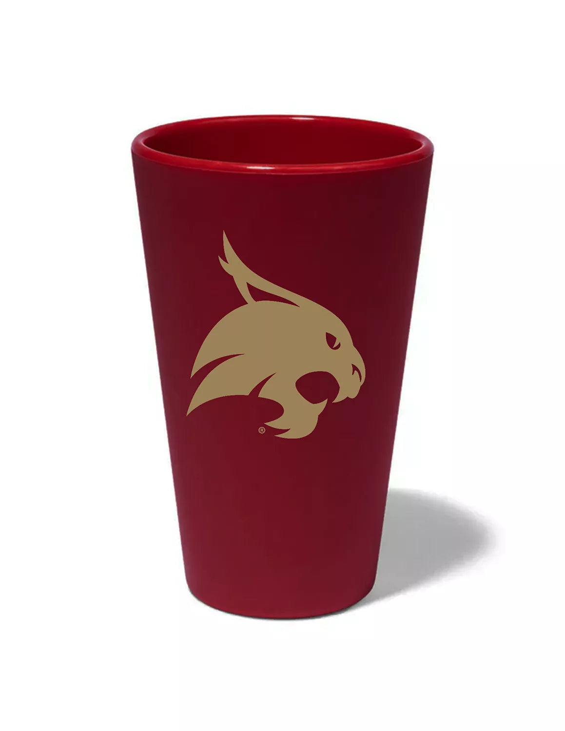 Maroon Texas State University silicone pint glass that features a Bobcats logo on the front. 