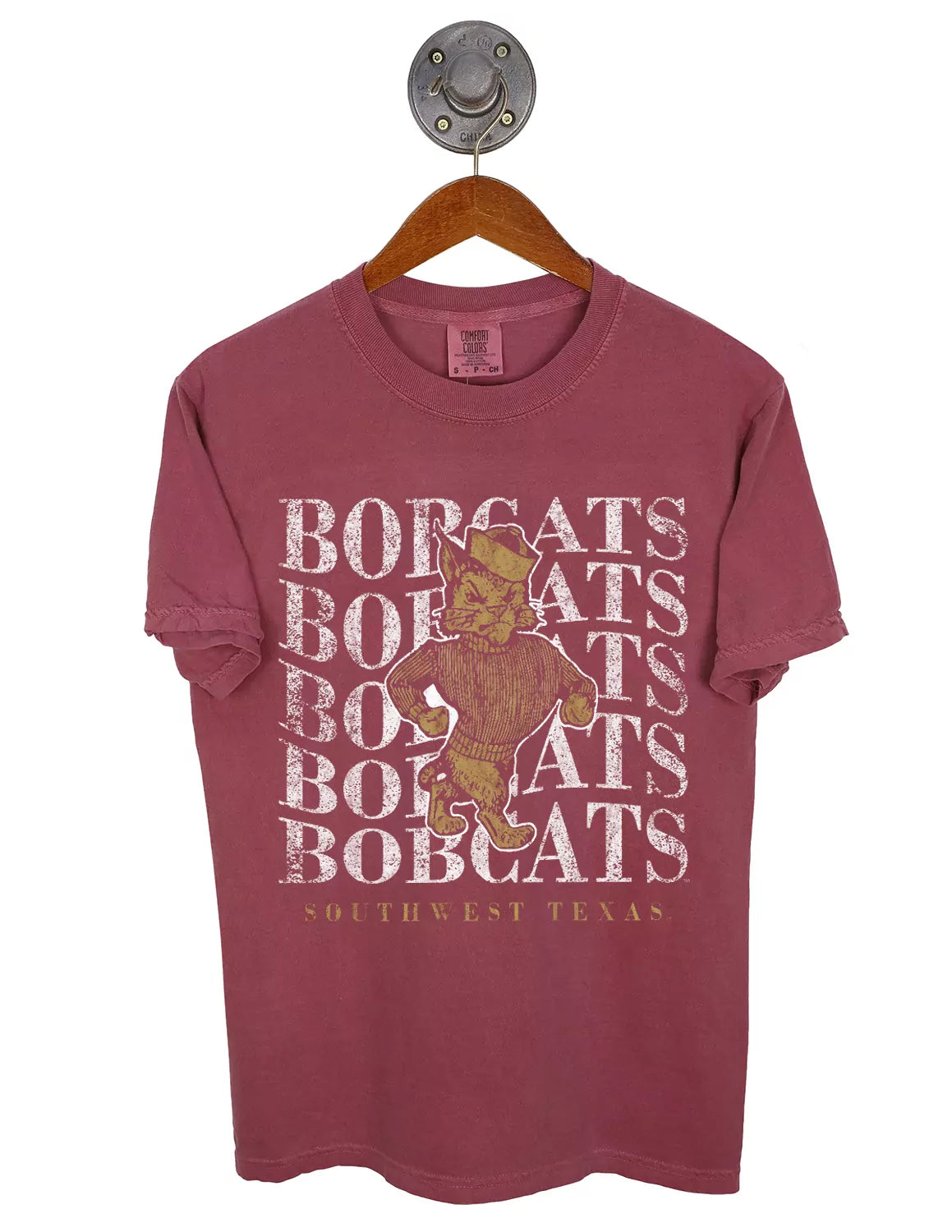 Maroon Texas State University Comfort Colors unisex short-sleeve t-shirt with stacked Bobcat white lettering and a Bobcat logo. 