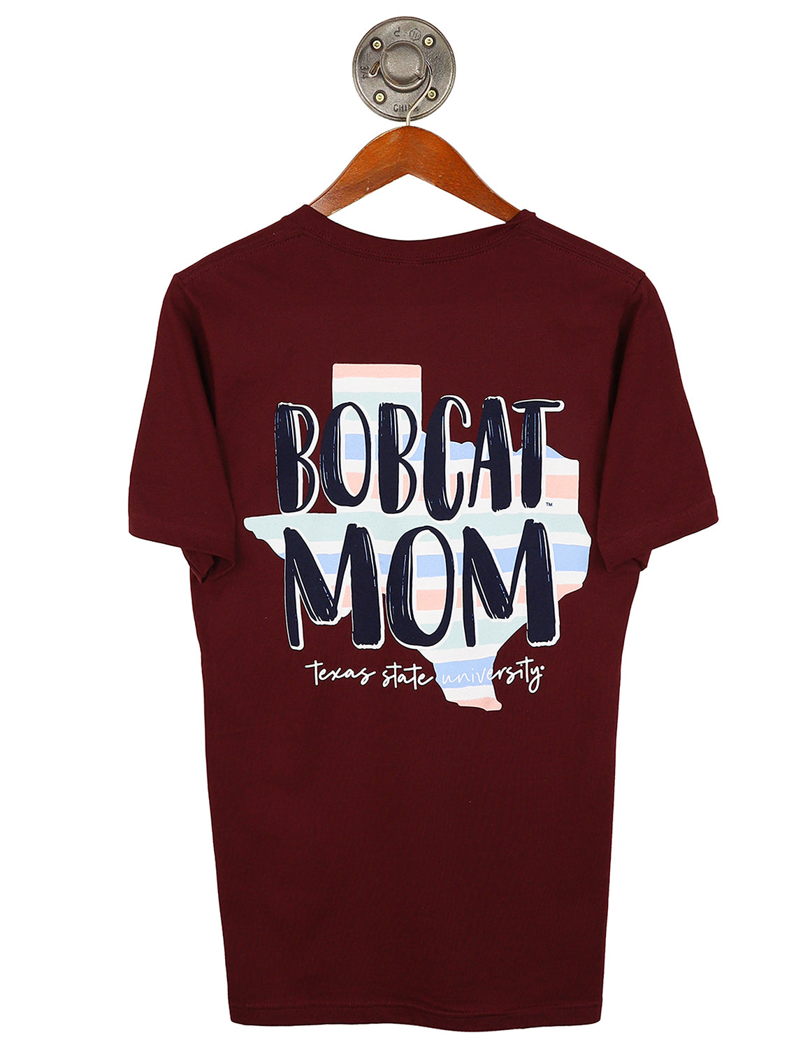 Maroon Texas State University unisex t-shirt that features a Texas State outline filled with pastel blue, pink, and white stripes. Overlaid with navy and white lettering. 