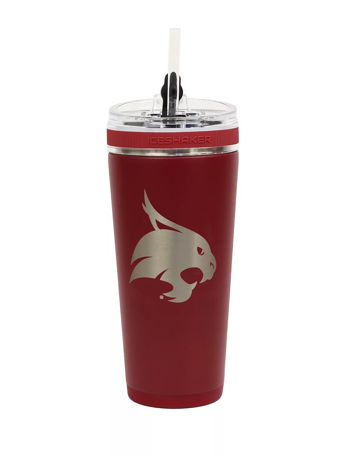 Front-view of maroon Texas State University ice shaker flex tumbler that features a bobcat logo. 