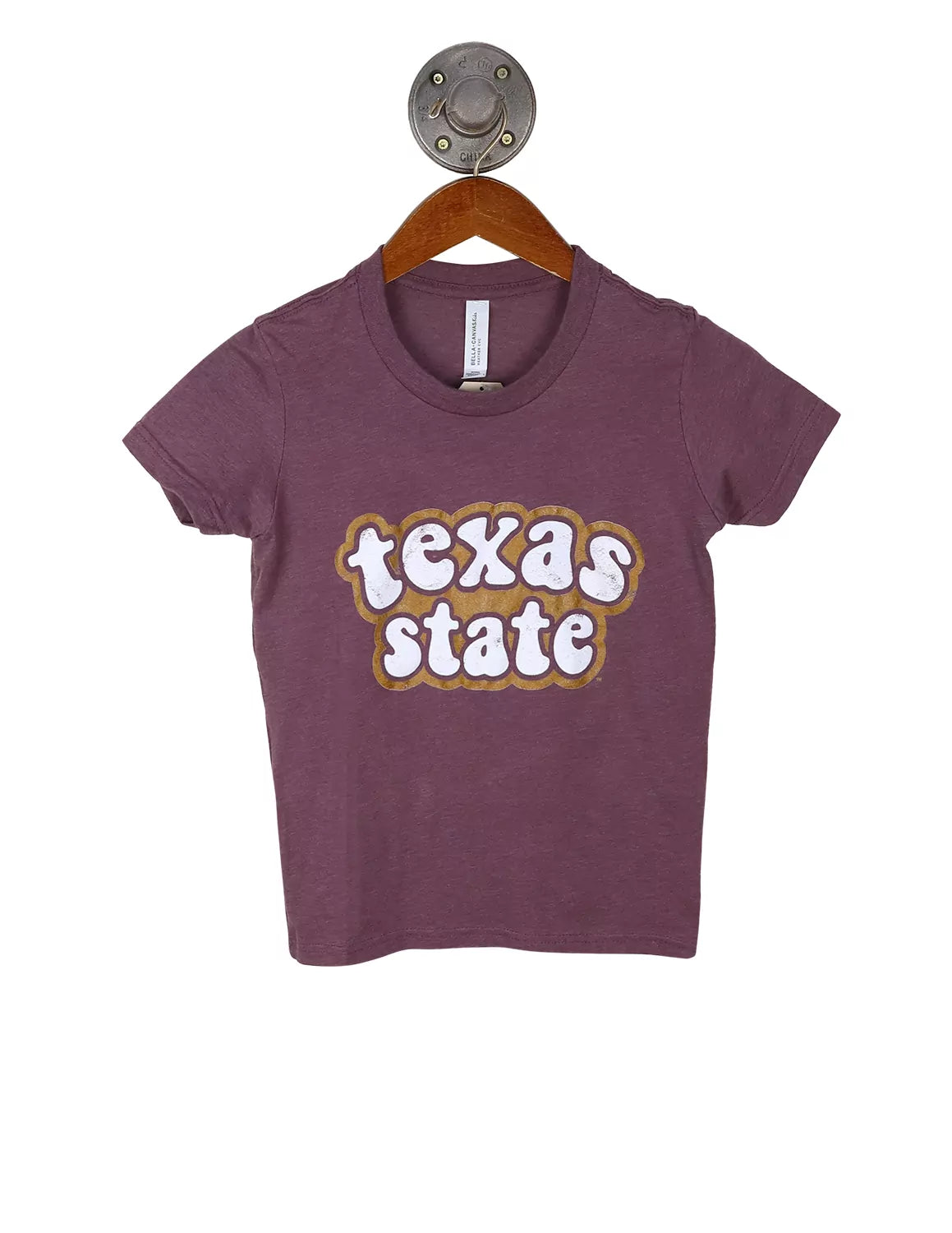 Heather maroon Texas State University youth t-shirt with gold and white lettering. 