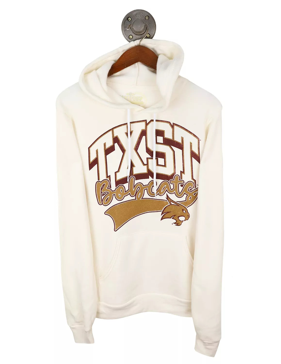 Natural Texas State University unisex  hoodie with a Bobcat logo and maroon and gold lettering. 