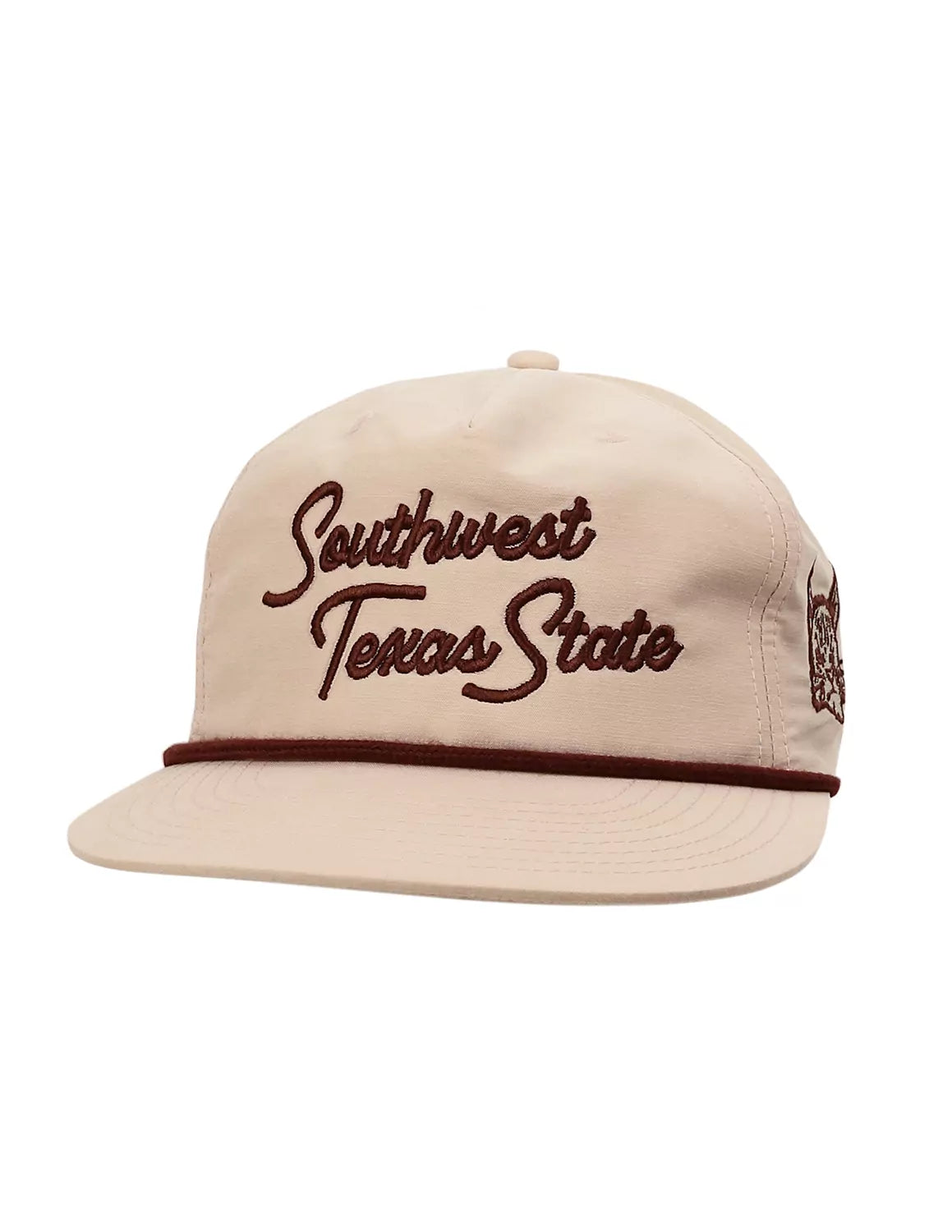 Peach unisex Texas State University rope hat with maroon lettering. 