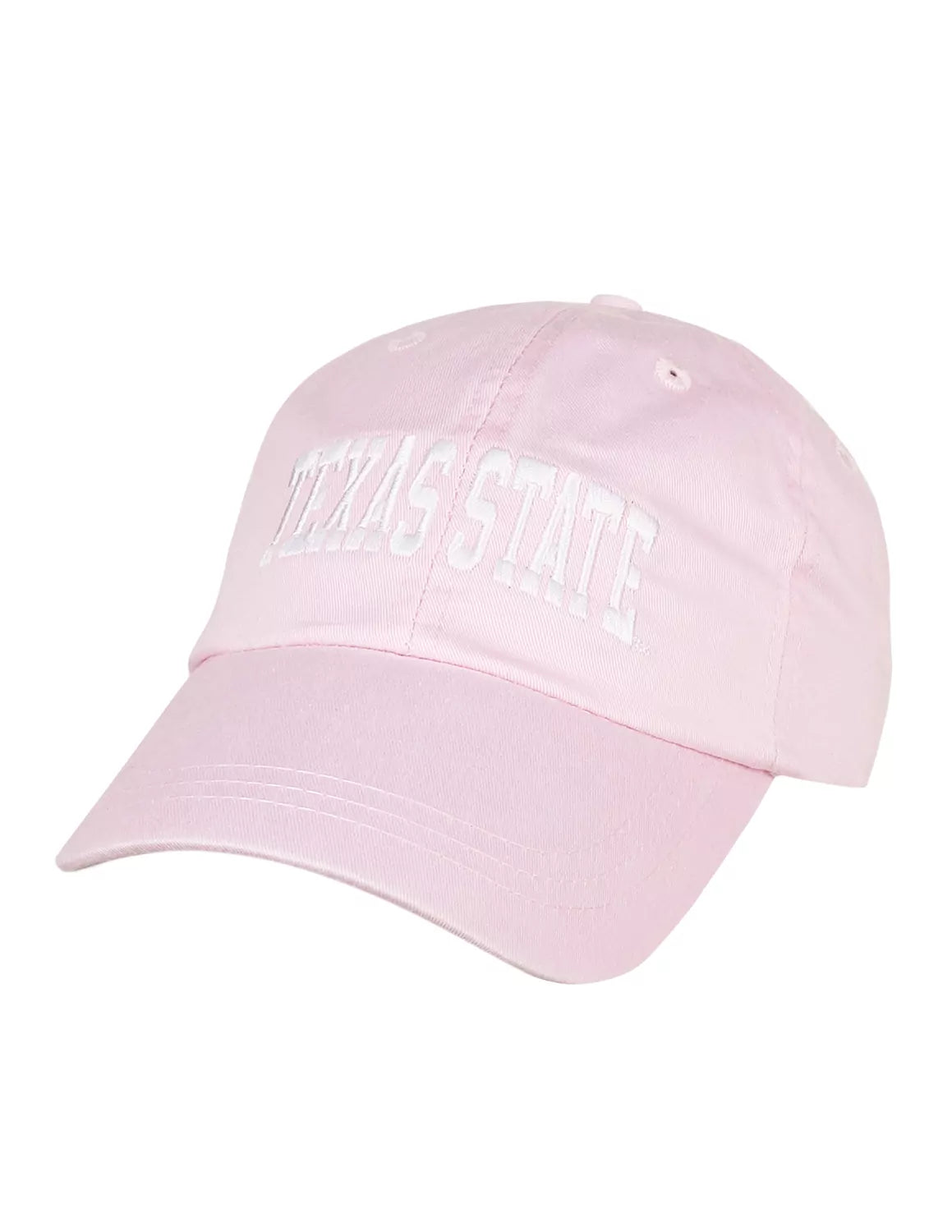 Pale pink Texas State University adjustable unisex hat that features white stitching. 