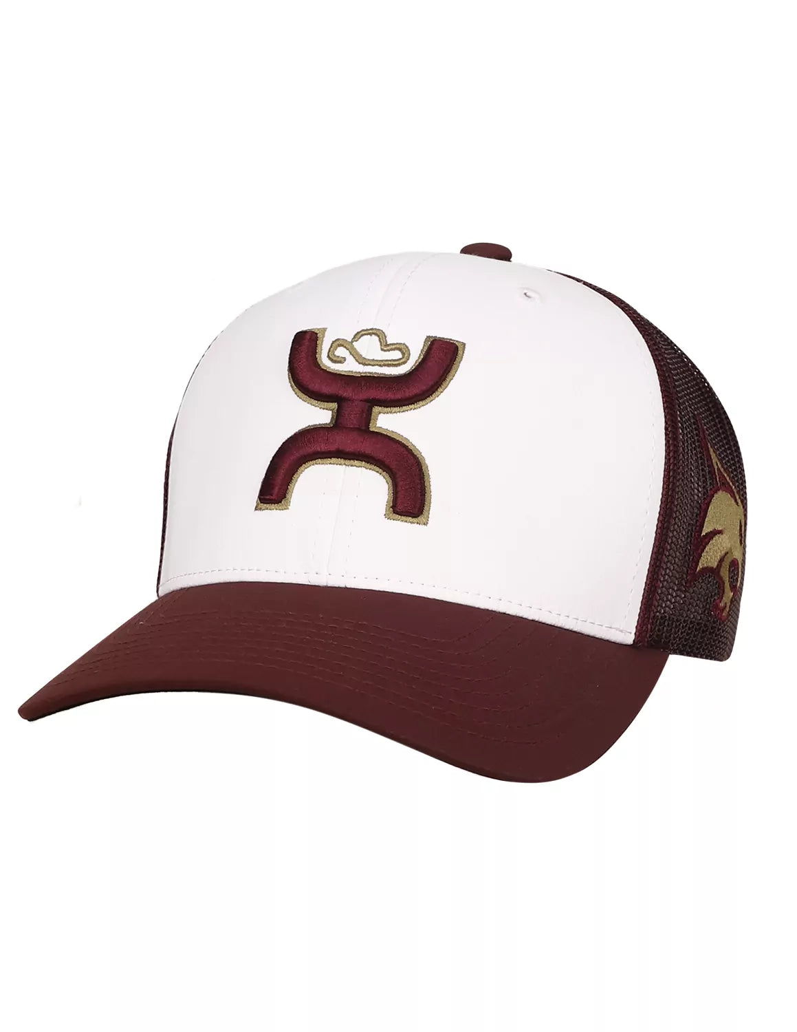 White and maroon Texas State University trucker hat featuring a white front with a maroon embroidered Hooey logo and a maroon mesh back with a Bobcats logo on the side. 