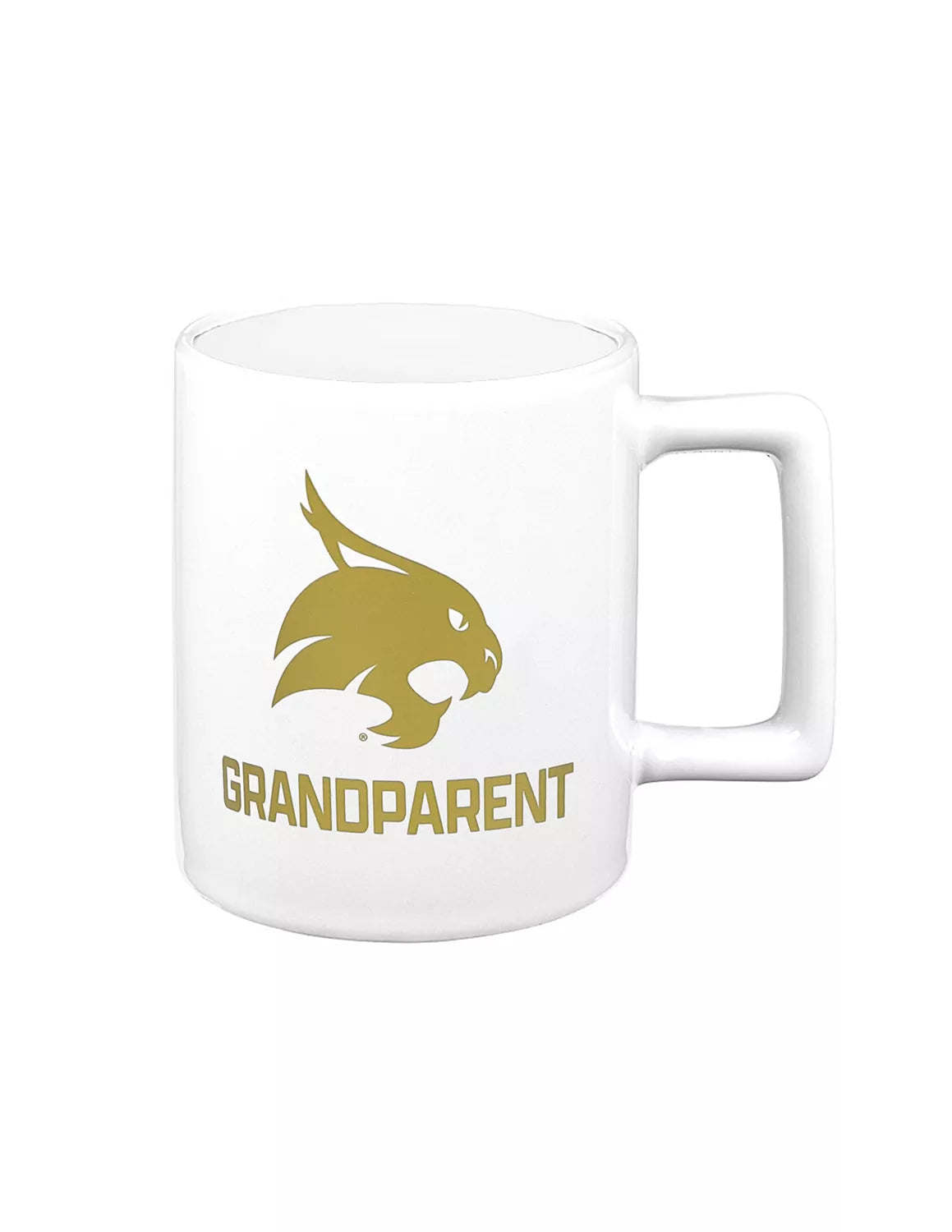 White Texas State University ceramic mug that features a bobcat logo and "grandparent" text. 