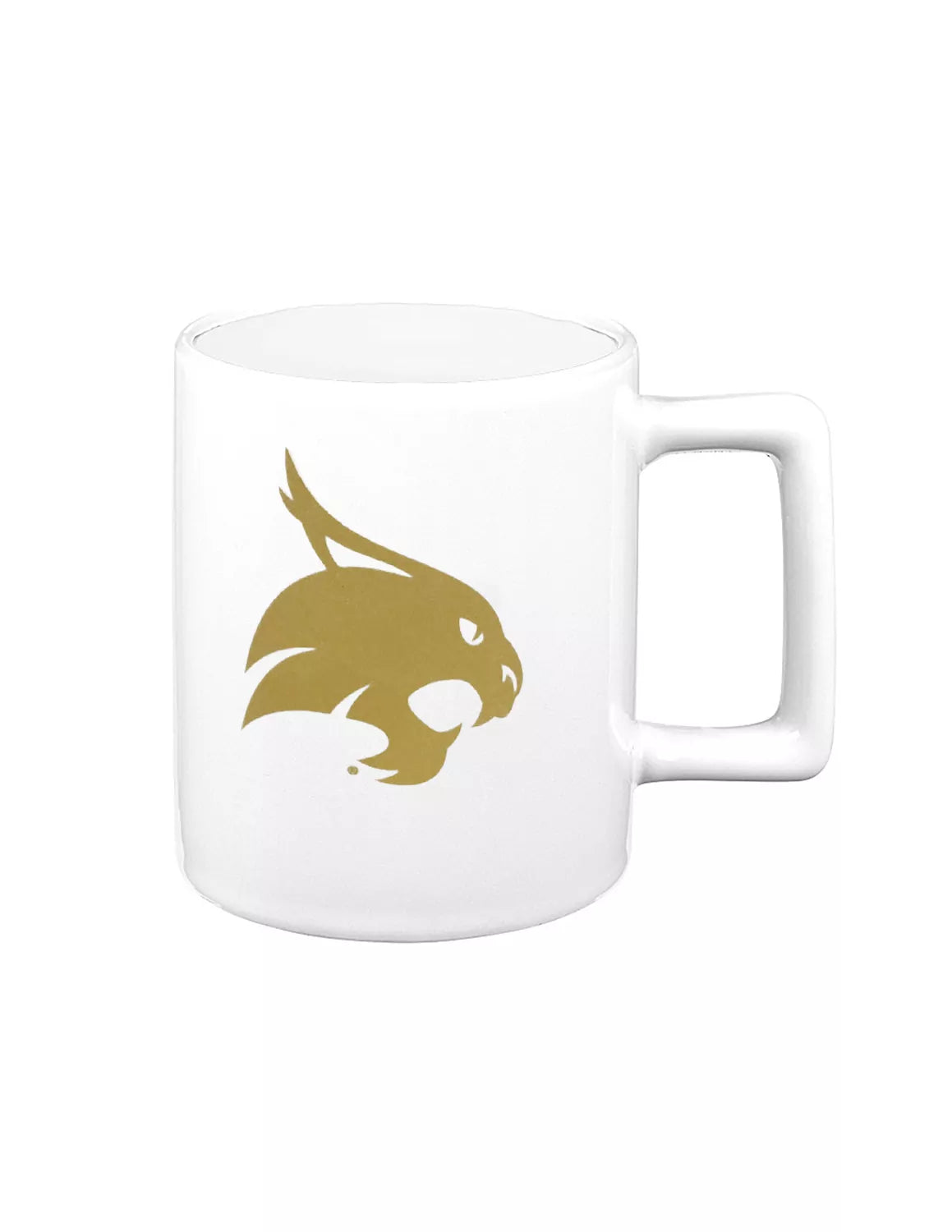 White Texas State University ceramic mug that features a bobcat logo on the front. 