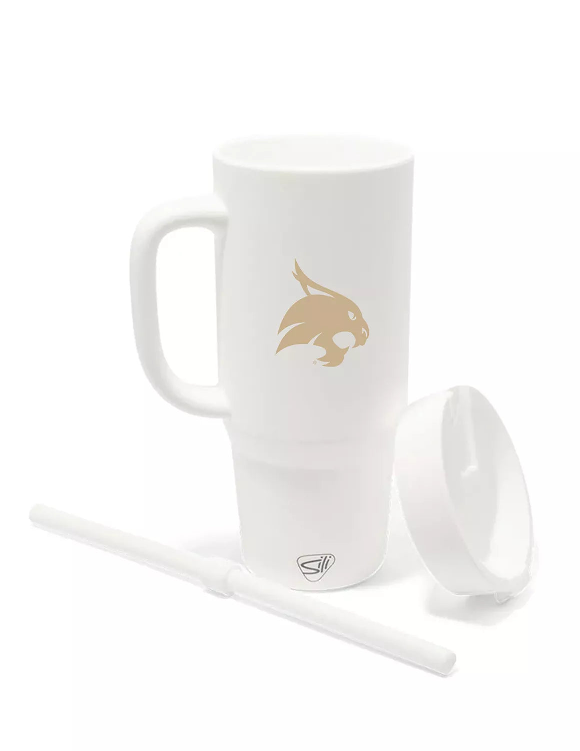 White Texas State University silicone tumbler that features a handle and a bobcat logo in gold. 