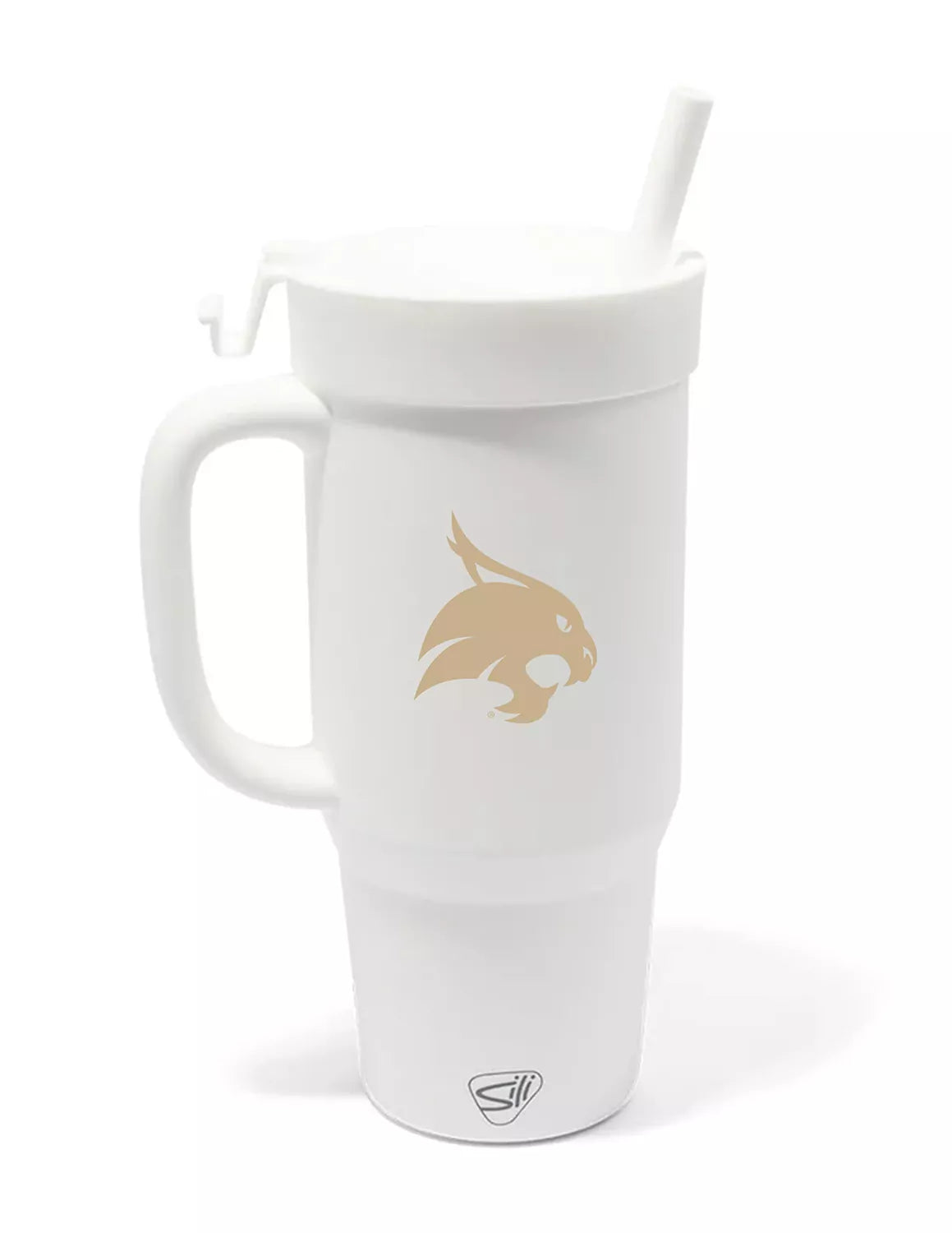 White Texas State University silicone tumbler that features a handle and a bobcat logo in gold. 