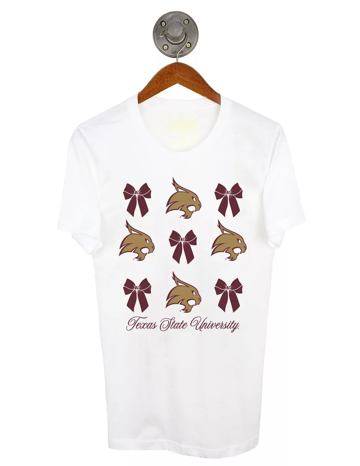 White unisex Texas State University tee that features an alternating bow and mascot logo pattern with maroon lettering. 