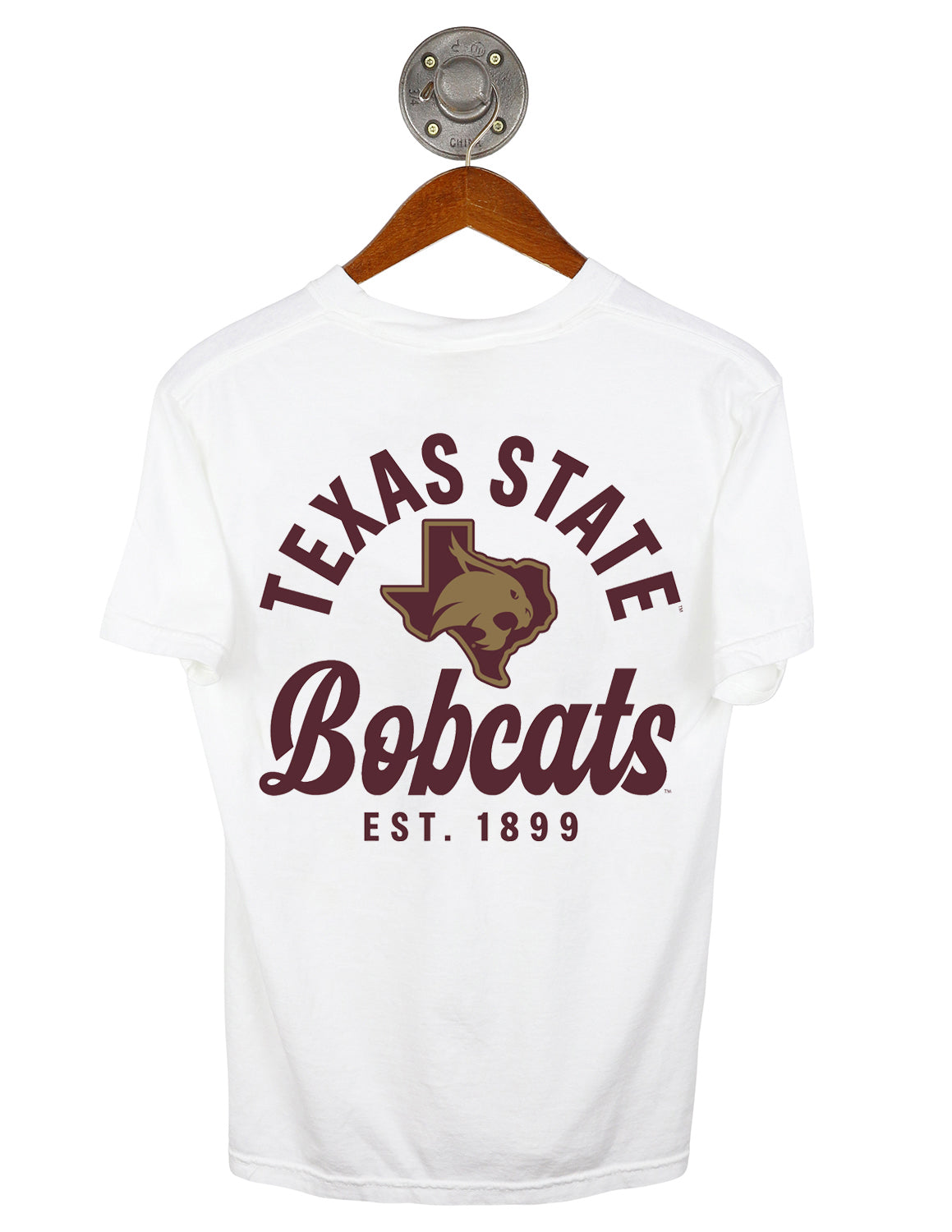Back-view of white Florida State University unisex short-sleeve t-shirt featuring "Texas State Bobcats" maroon text surrounding a TXST logo. 