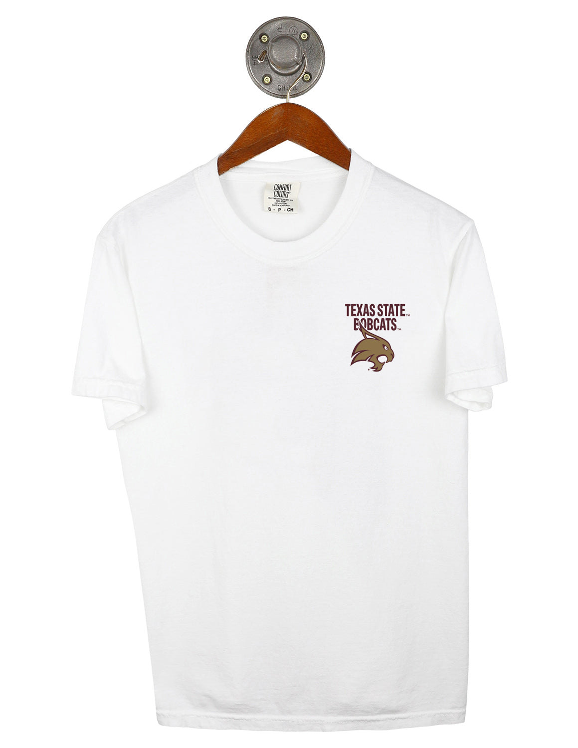 Front-view of white Florida State University unisex short-sleeve t-shirt featuring "Texas State Bobcats" maroon lettering above a Bobcats logo on the left chest. 