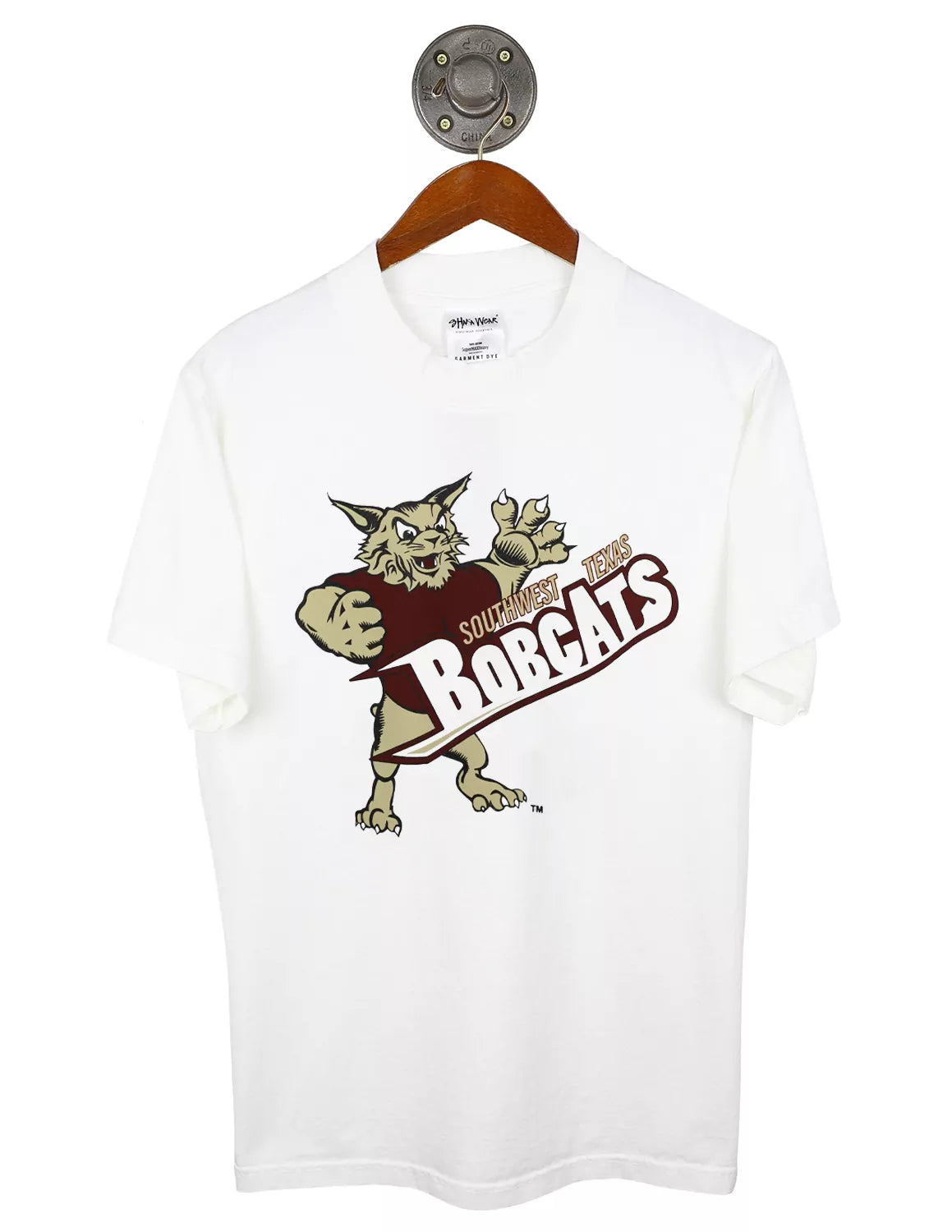 White Texas State University unisex short-sleeve t-shirt featuring a Bobcat logo and maroon and gold lettering. 