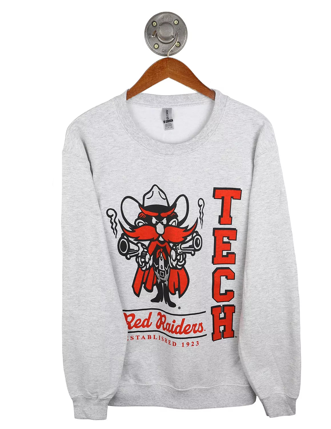 Ash grey Texas Tech University unisex crewneck sweatshirt with a TTU logo and black and red lettering on the front. 