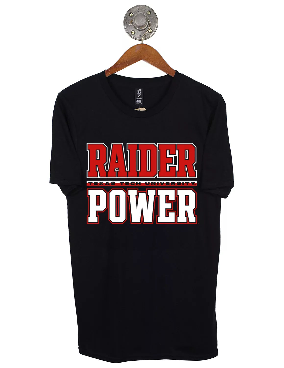 Black Texas Tech University unisex t-shirt with red and white lettering. 