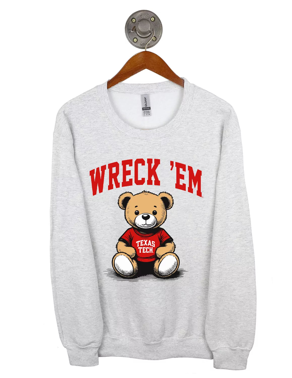 Ash grey Texas Tech University Gildan unisex crewneck sweatshirt featuring a teddy bear and scarlet lettering. 
