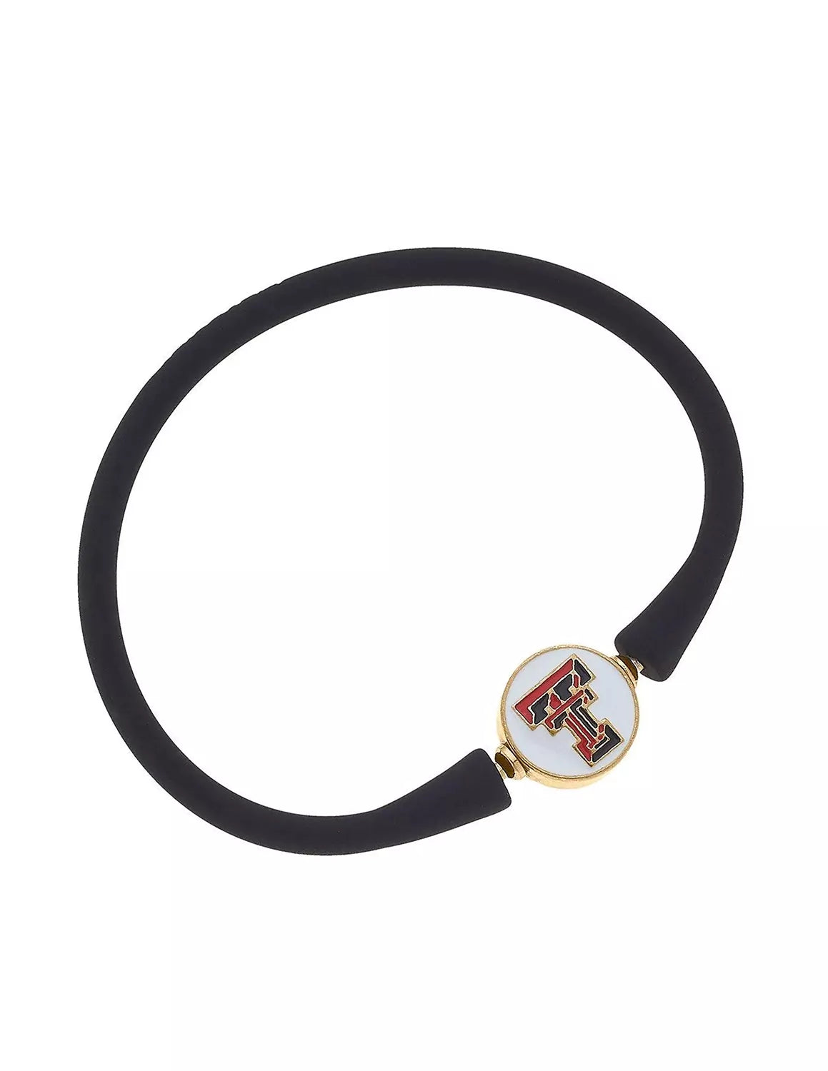 Black Texas Tech University bali bracelet featuring a silicone band and a TTU charm. 
