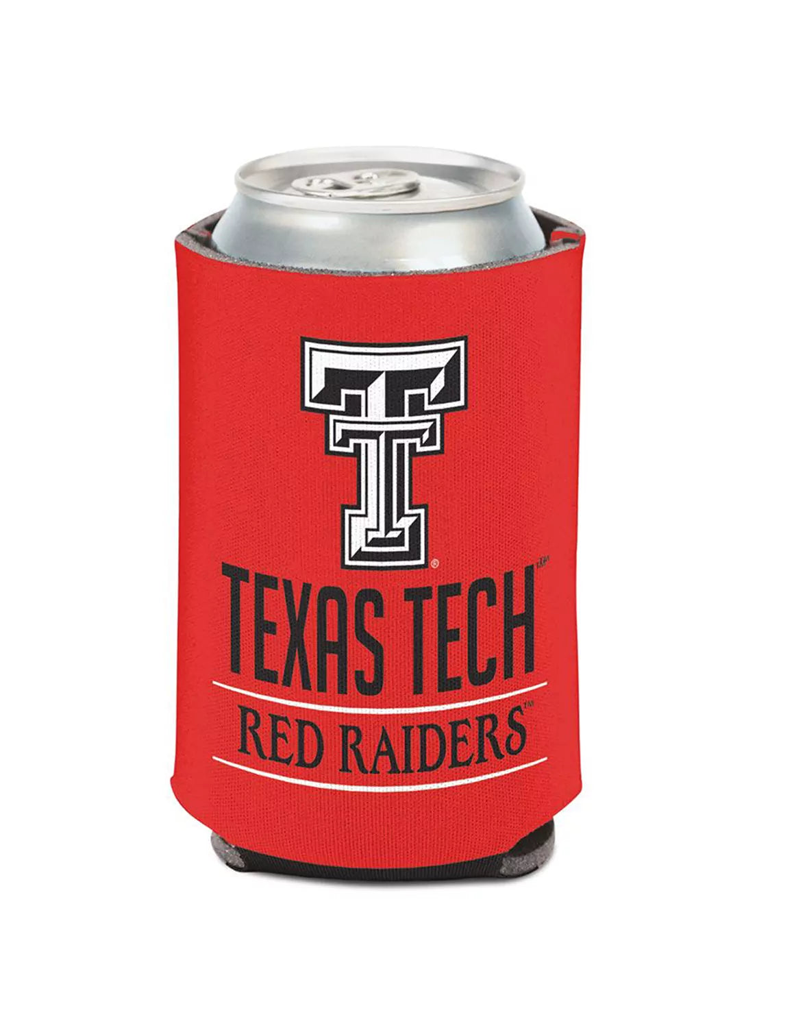 Red double-sided Texas Tech University can koozie that features a Texas Tech logo with black lettering. 
