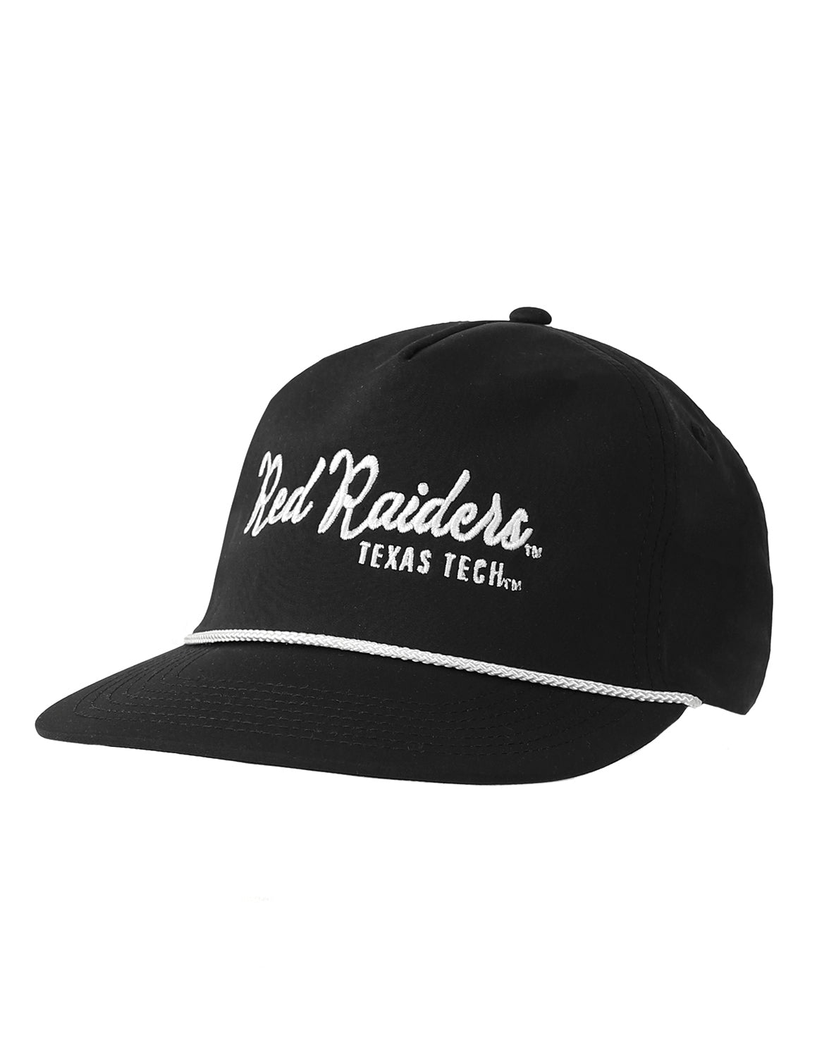 Black Texas Tech University unisex rope hat that features a white brim rope detail and white embroidery lettering on the front. 