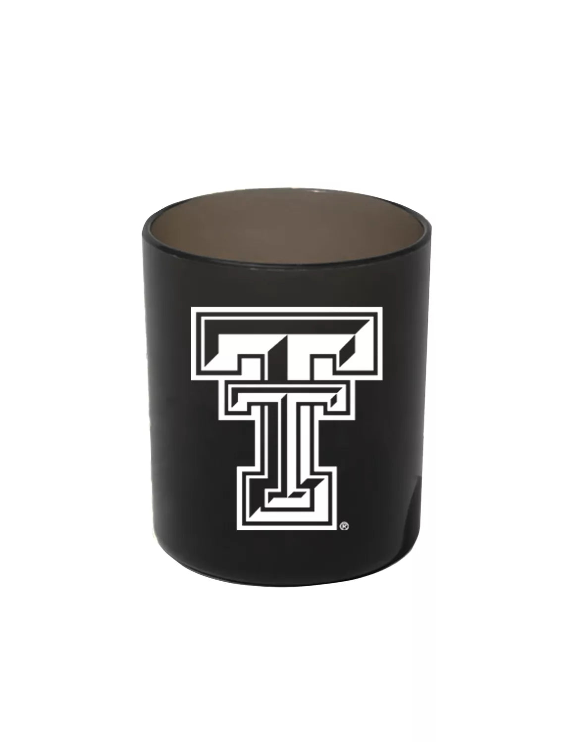 Black Texas Tech University silicone rocks glass that features a Texas Tech logo with white print. 