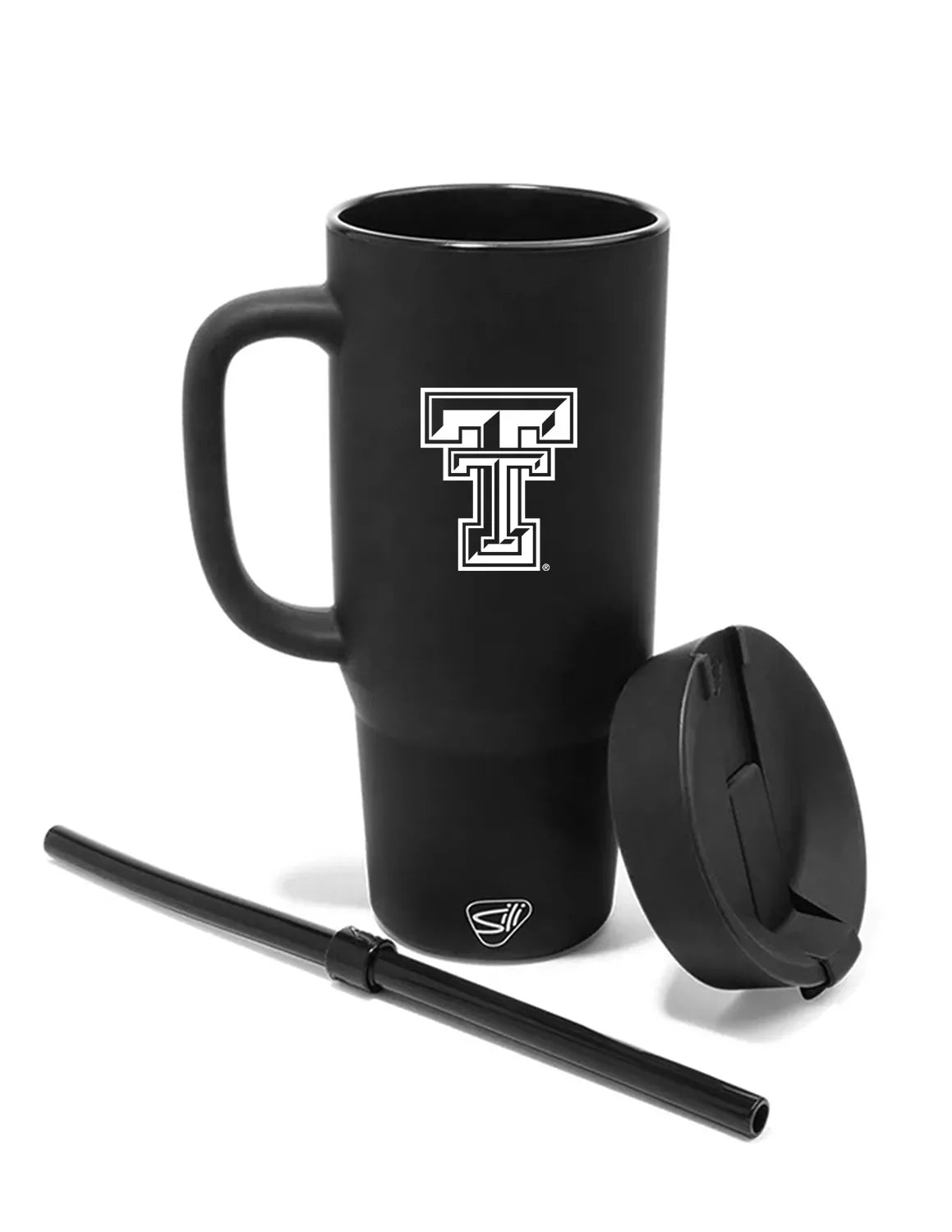 Detail-view of black Texas Tech University silicone tumbler that features a handle and a Texas Tech logo with white print. 