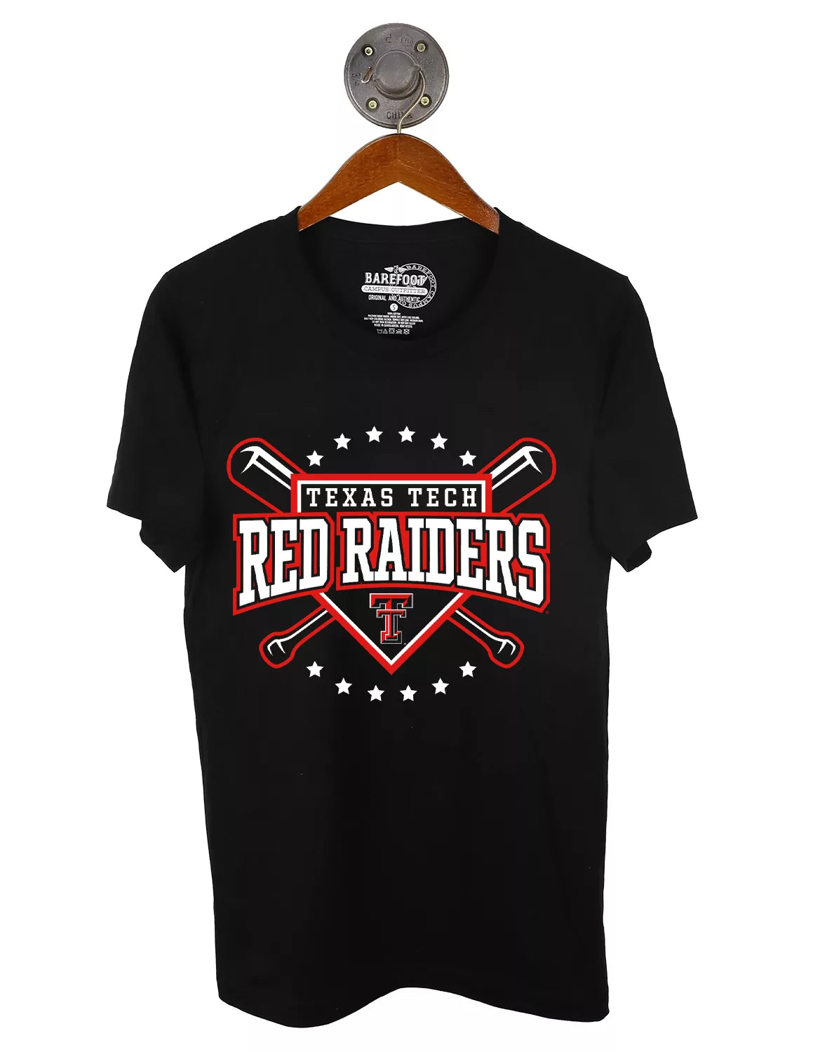 Black Texas Tech University unisex t-shirt featuring a baseball graphic with stars surrounding and red and white lettering. 