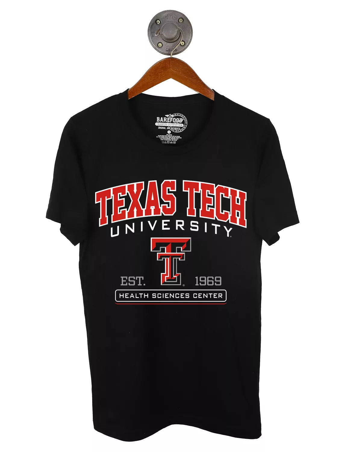 Black Texas Tach University unisex t-shirt featuring the double T logo and red and white lettering. 