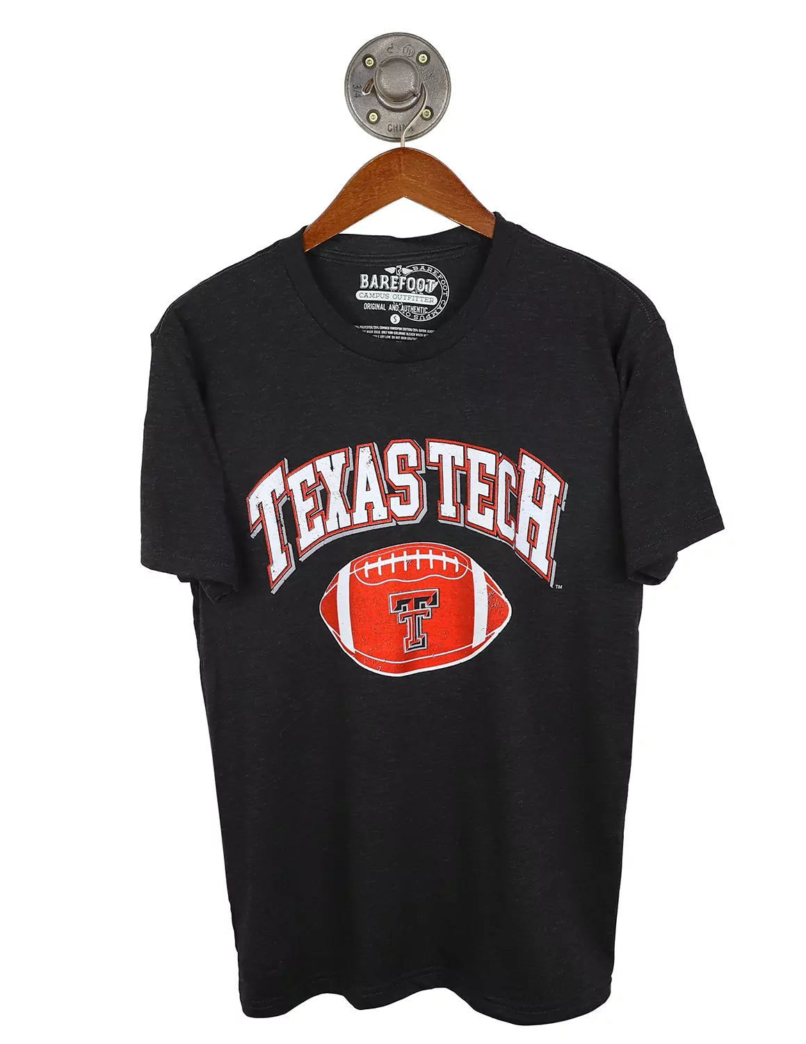 Black Texas Tech University unisex t-shirt featuring a football graphic with a double T logo and red and white lettering. 