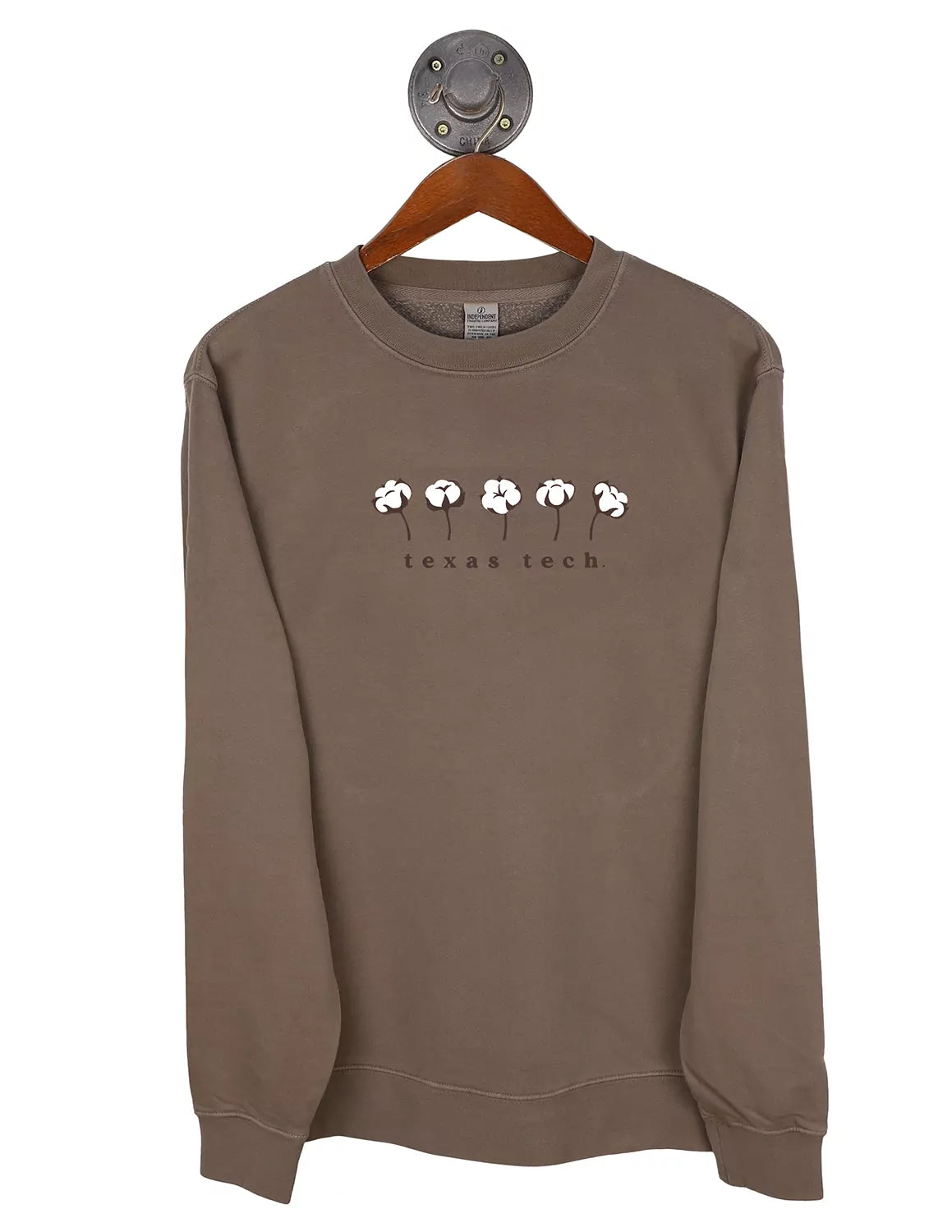 Brown Texas Tech University unisex crewneck sweatshirt with cotton stem graphics and dark brown lettering. 