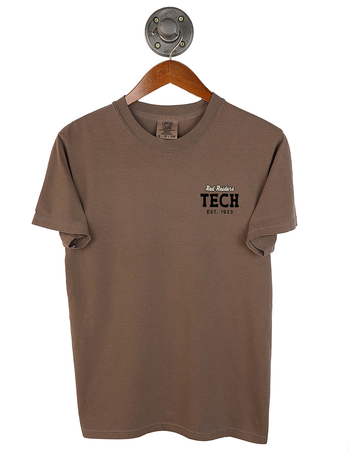 Brown Texas Tech University unisex Comfort Colors short-sleeve t-shirt that features a left chest design with black and white lettering.