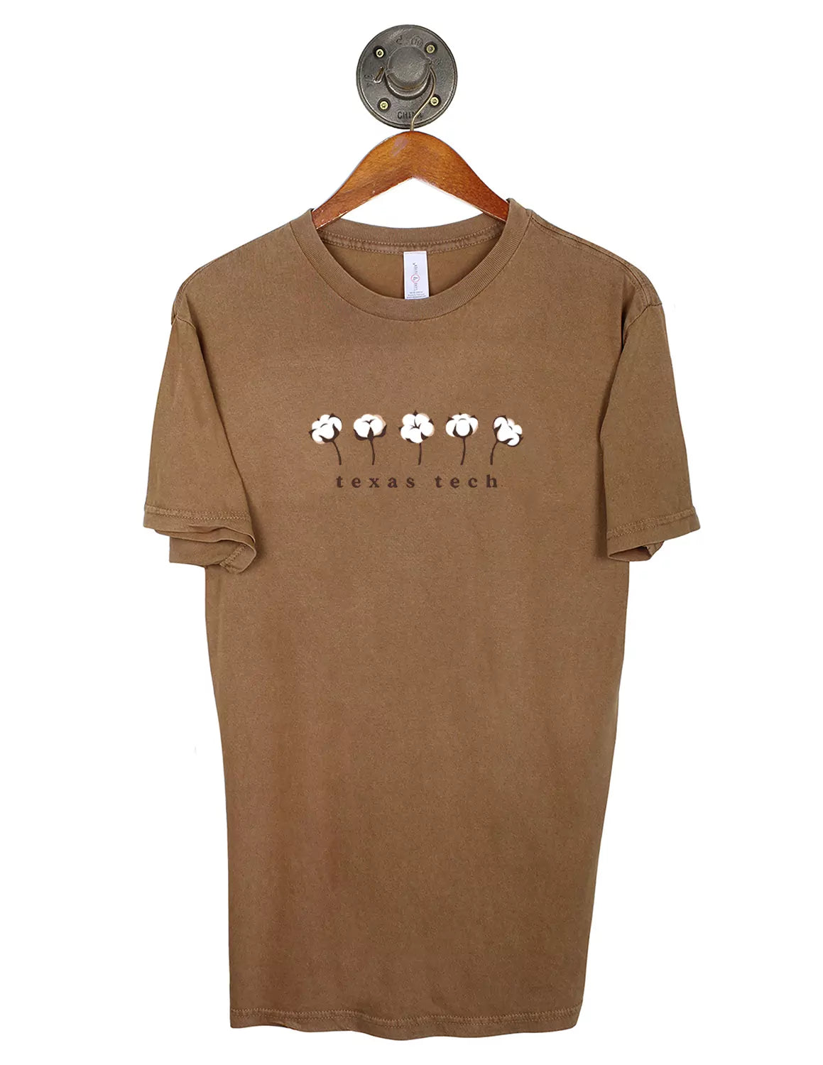 Brown Texas Tech University unisex t-shirt with a cotton stem graphic and lettering below in a dark brown. 