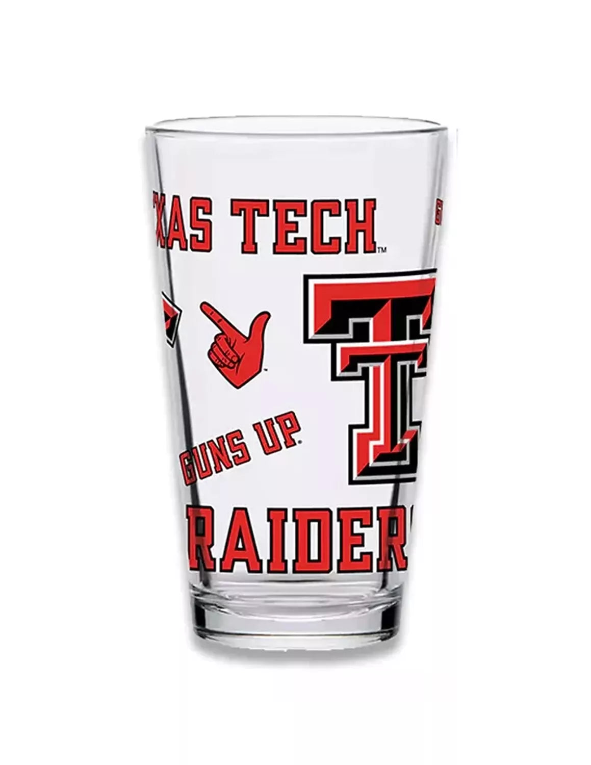 Clear Texas Tech University pint glass with a bold team red and black graphic. 