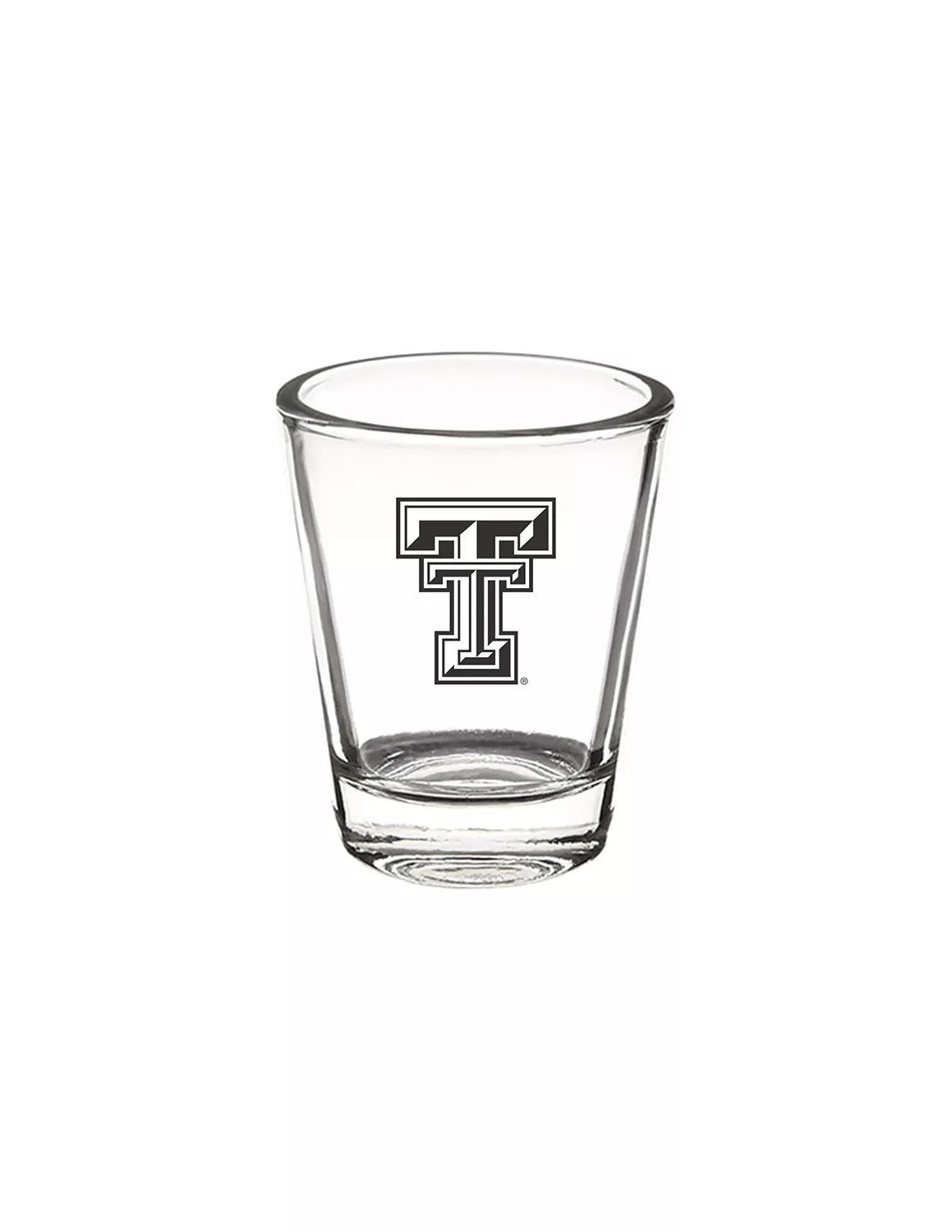 Clear Texas Tech University shot glass that features a Texas Tech logo with a black print. 