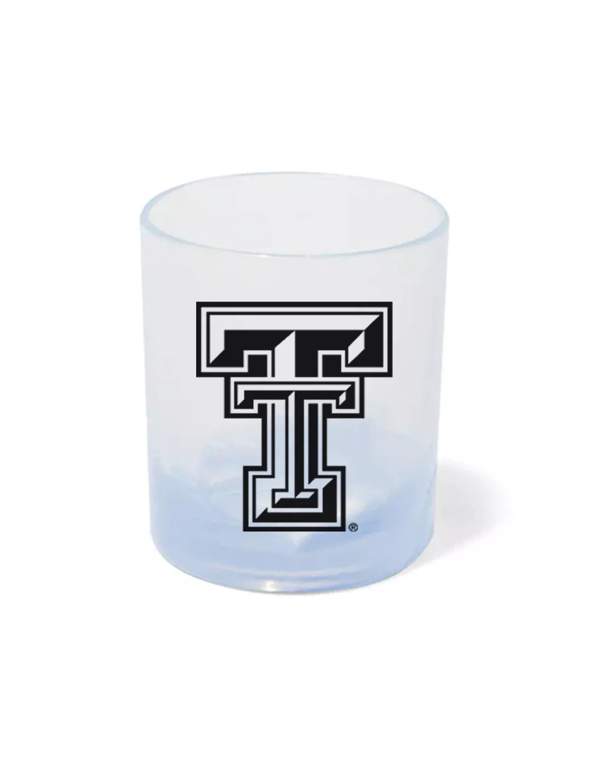 Clear Texas Tech University silicone rocks glass that features a Texas Tech logo with black print. 