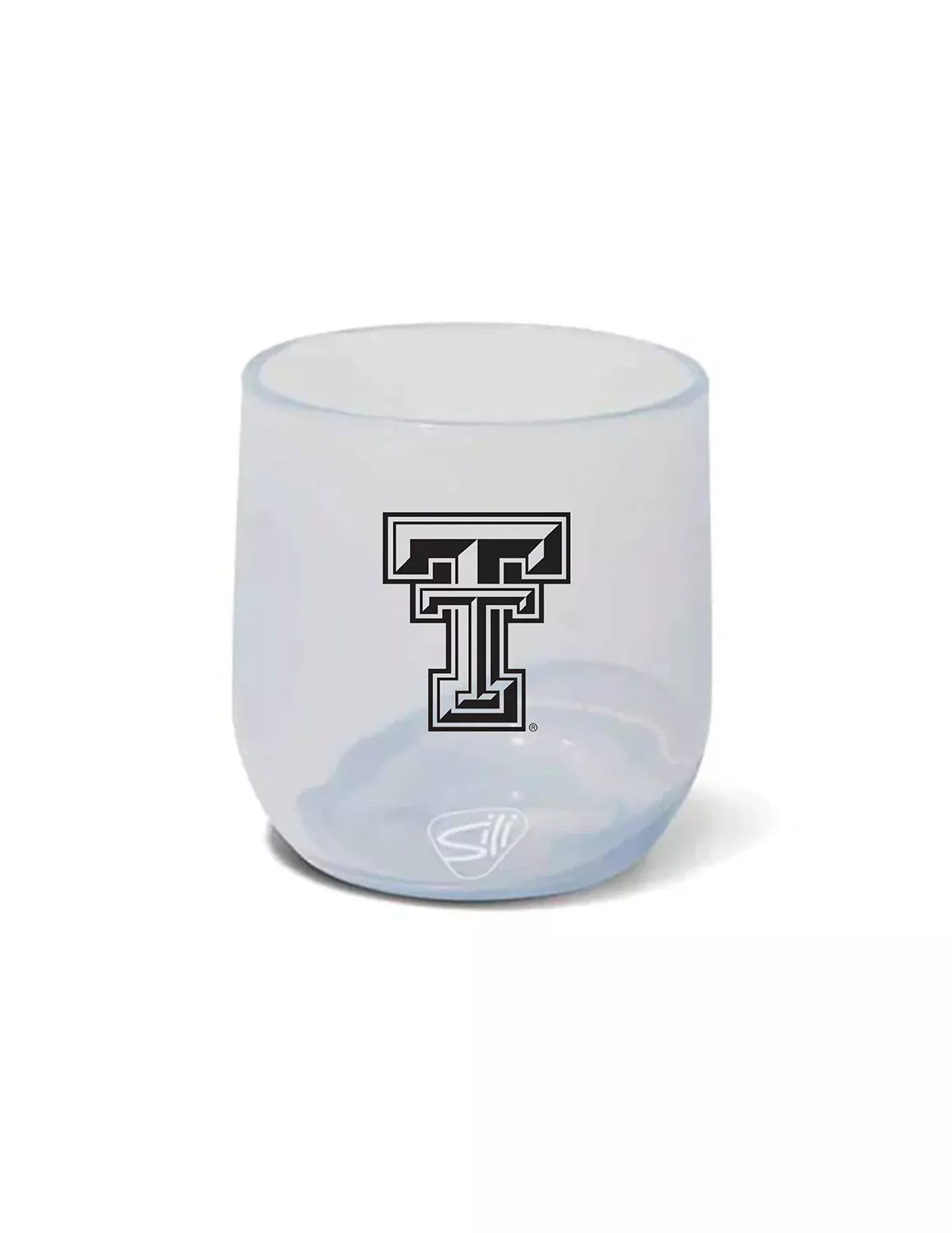 Clear Texas Tech University silicone wine glass that features a Texas Tech logo with black print.