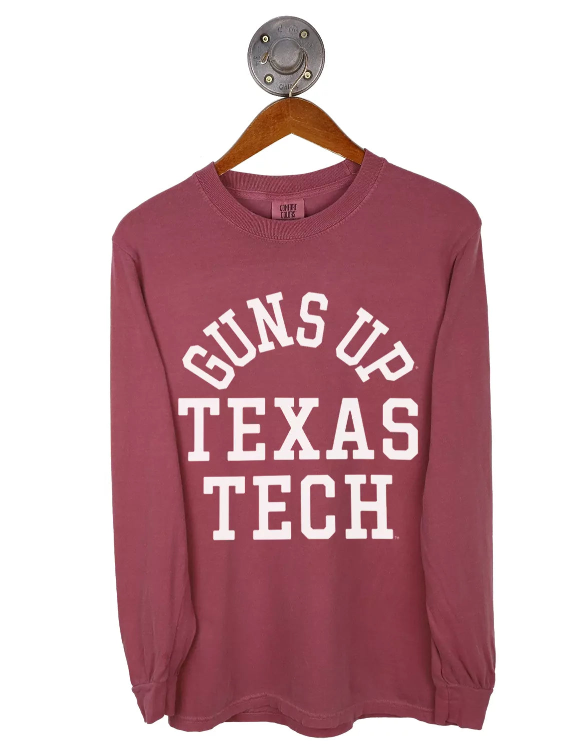 Crimson Texas Tech University unisex long-sleeve shirt with white lettering. 