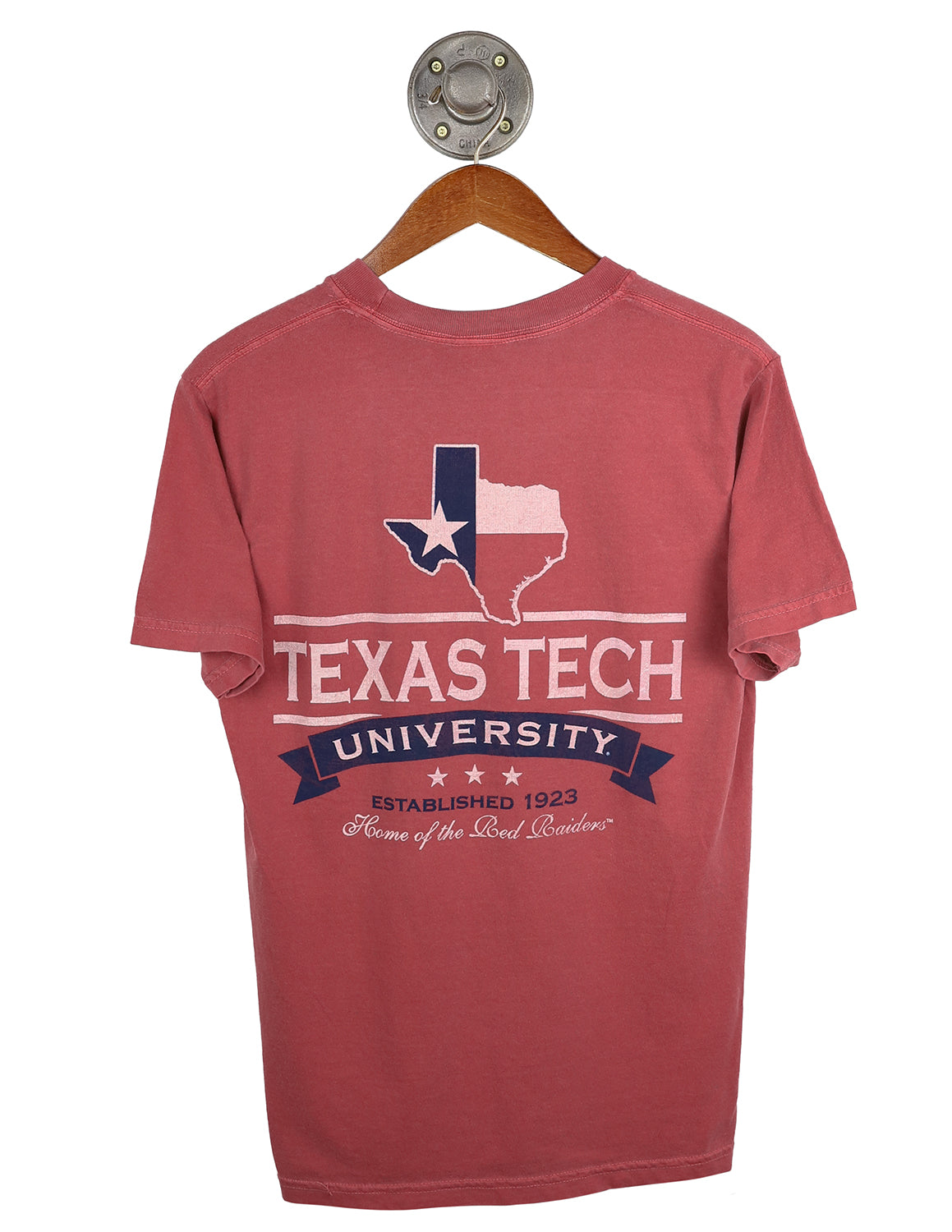Crimson unisex Texas Tech University t-shirt featuring a Texas flag in a Texas state outline with white and navy lettering. 