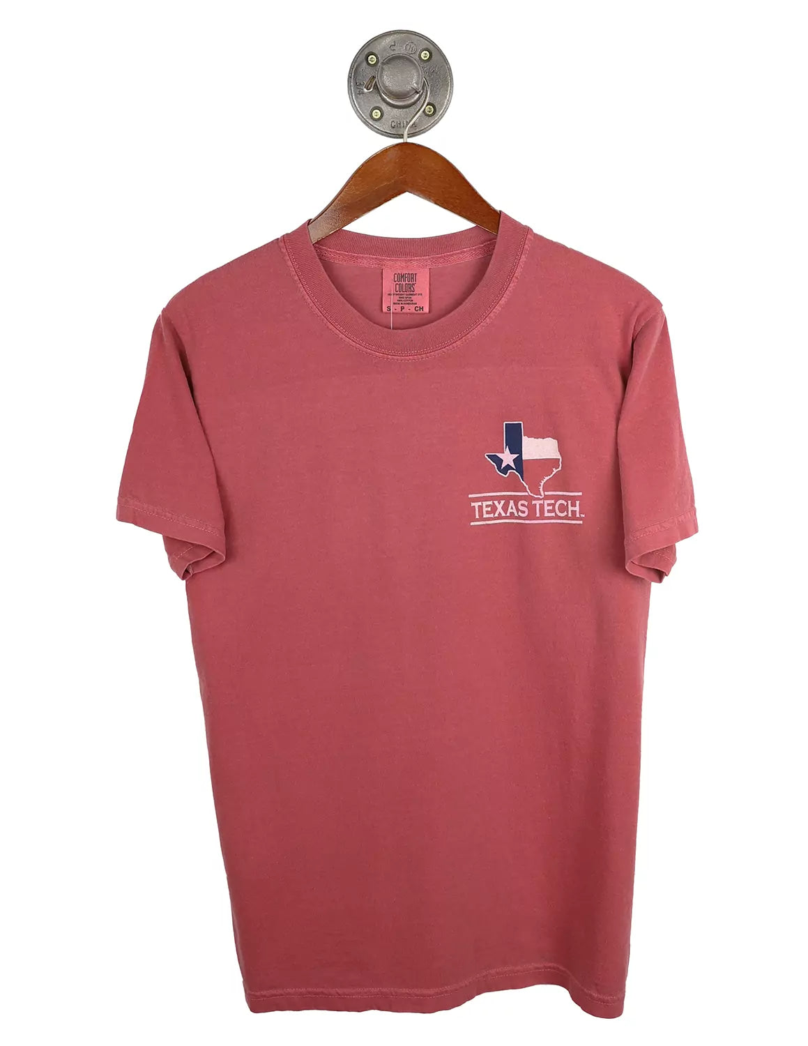 Crimson unisex Texas Tech University t-shirt featuring a Texas flag in a Texas state outline on the left chest on the front. 