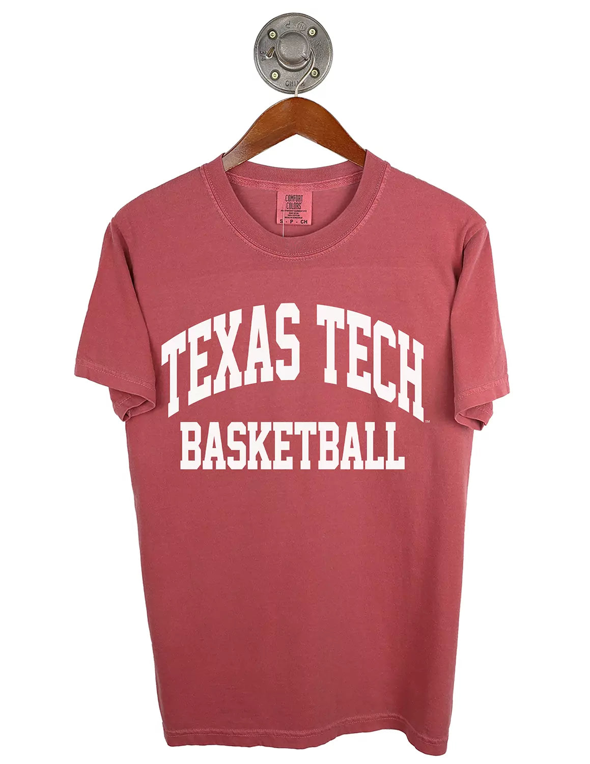 Crimson Texas Tech University Comfort Colors unisex t-shirt with white "Texas Tech Basketball" lettering. 