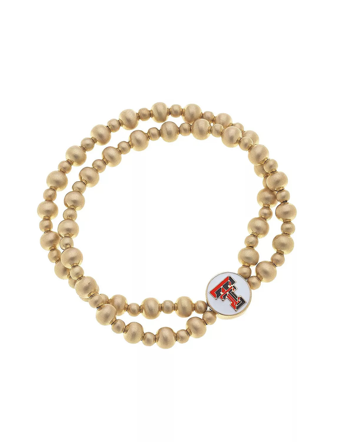 Gold Texas Tech University 2-row ball beaded stretch bracelet that features a TTU logo charm. 