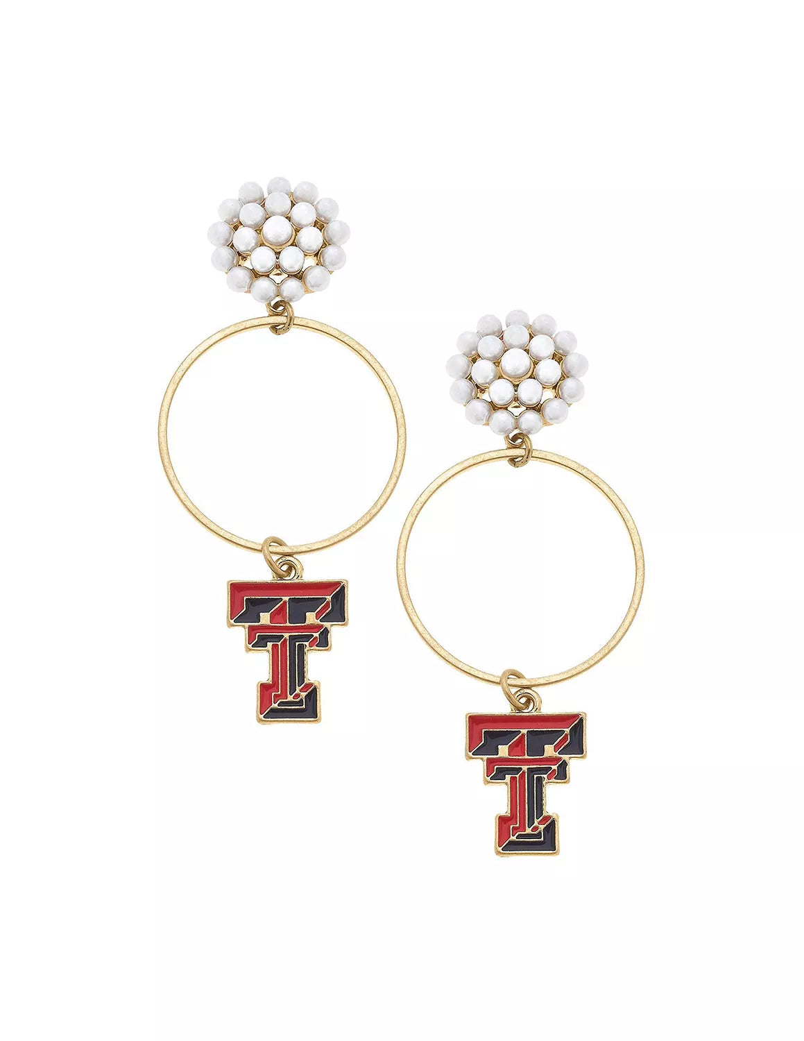 Texas Tech University gold drop hoop earrings that feature a earl cluster with a double T logo charm. 